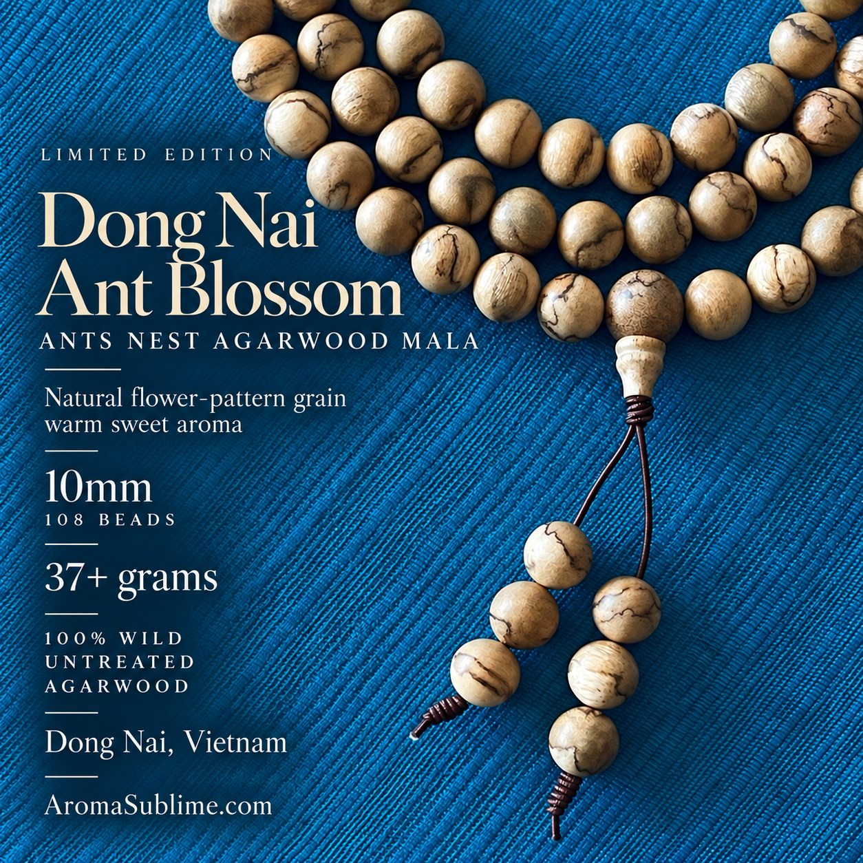 Dong Nai “Ant Blossom” 10mm 37+ grams Agarwood Mala • 108-beads 100% Wild Untreated Agarwood • Dong Nai, Vietnam