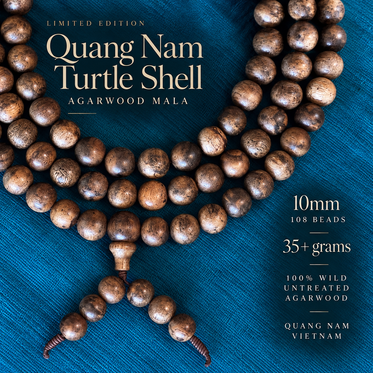 Quang Nam “Turtle Shell” 10mm 35+grams Classic Agarwood Mala • 108-beads 100% Wild Untreated Agarwood • Quang Nam, Vietnam
