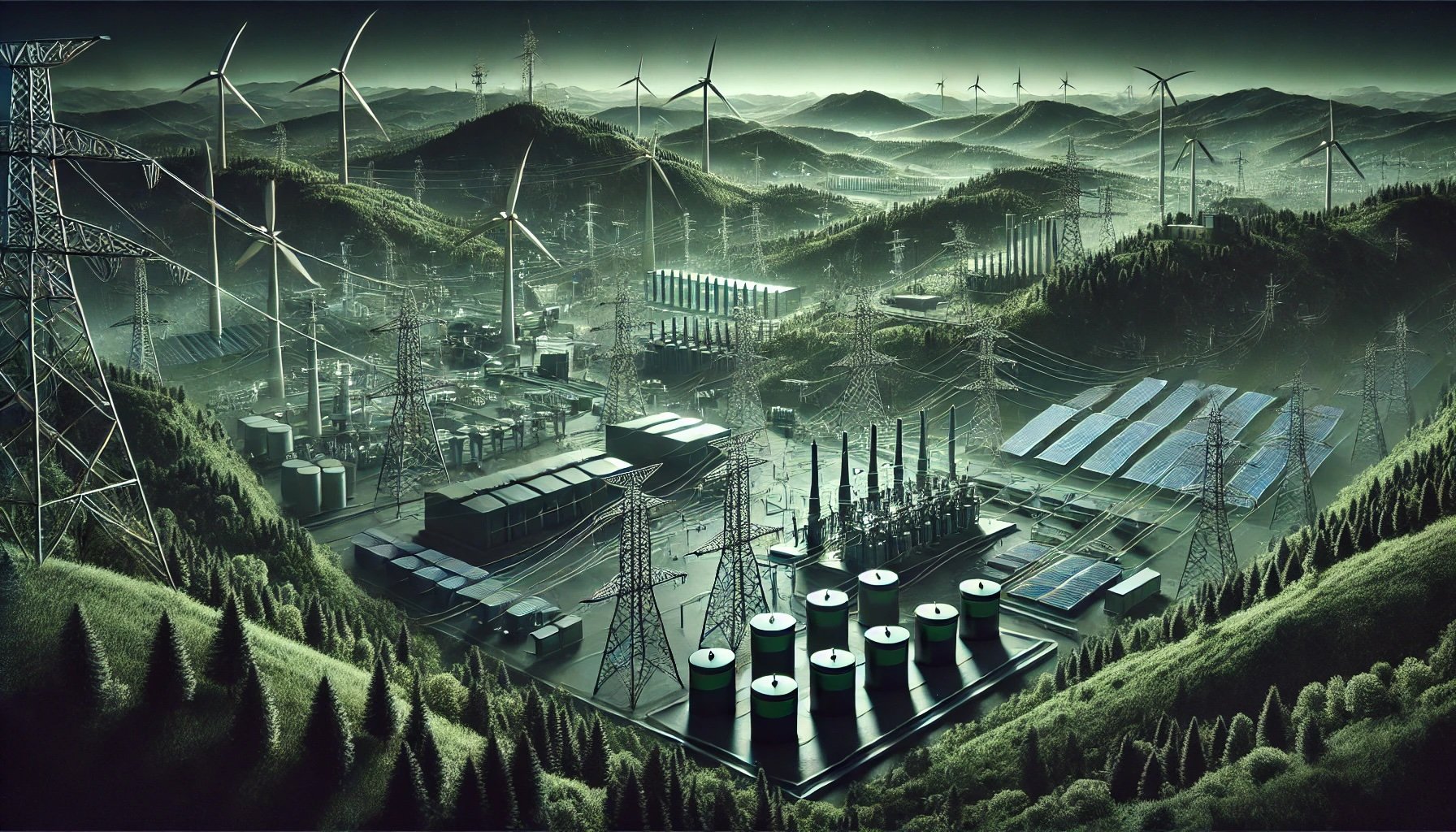 DALL·E 2024-12-29 16.51.09 - A realistic and detailed illustration of electrical generation, transmission, and storage set in a landscape dominated by dark green hues. The image f.jpeg