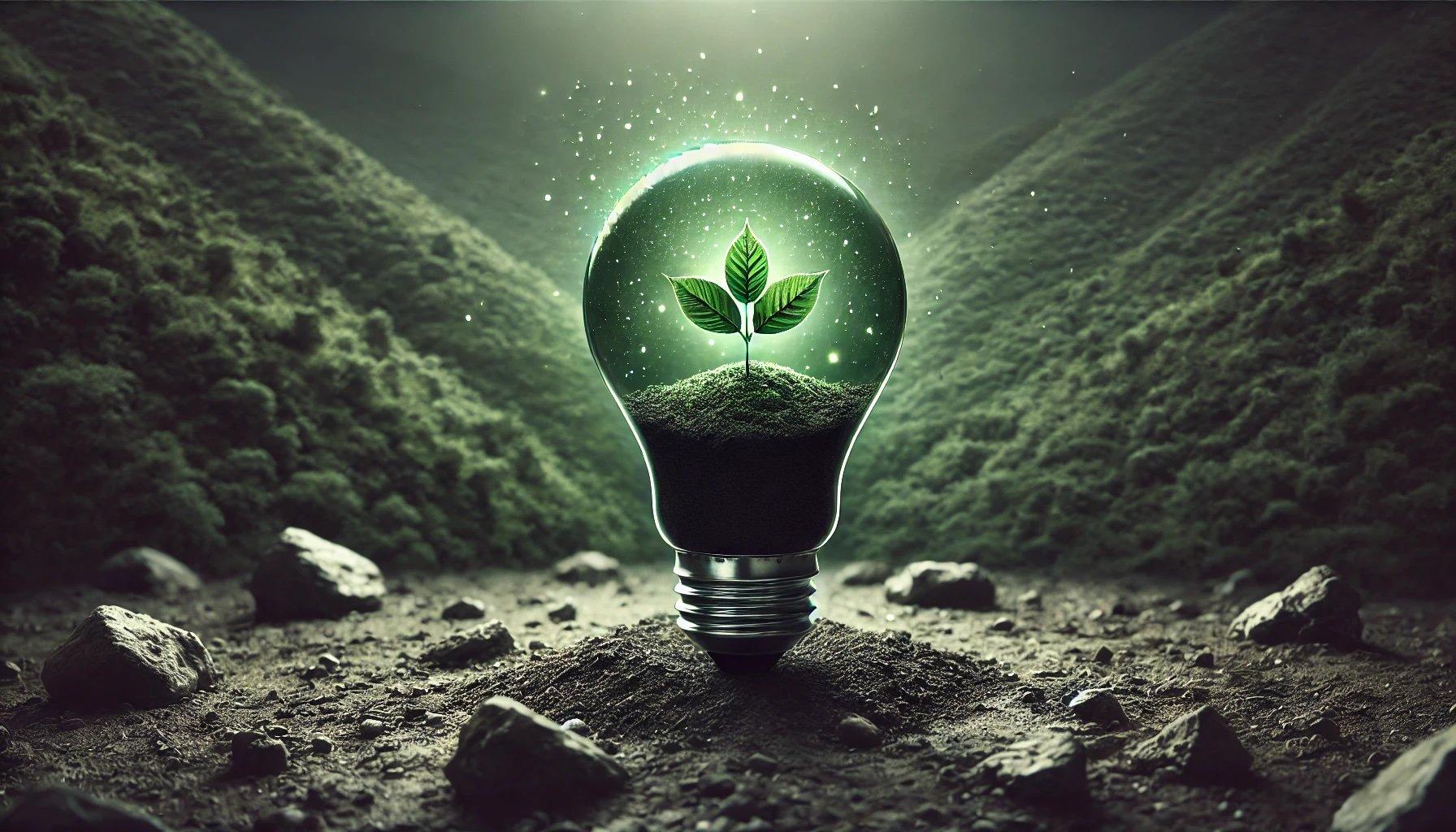 DALL·E 2024-12-31 12.58.09 - A wide conceptual image of a small green plant growing inside a light bulb filled with soil, placed on rocky ground. The image uses exclusively dark g.jpeg