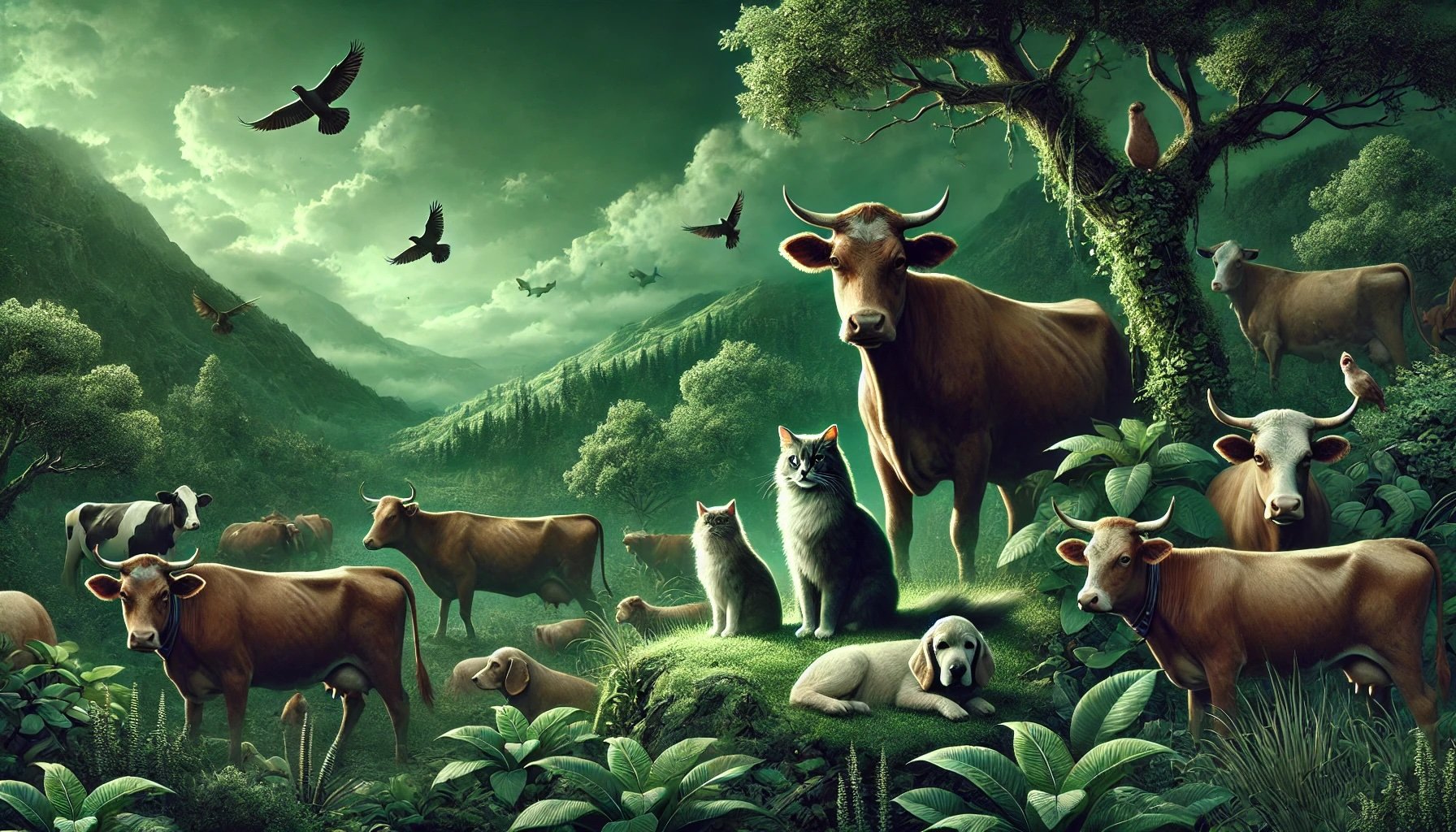 DALL·E 2025-01-01 09.43.25 - A realistic depiction of animal rights, featuring pets such as dogs and cats alongside livestock like cows and pigs. The animals are shown in a lush, .jpeg