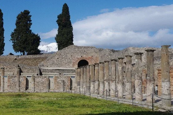 Ancient ruins with stone columns and a stone structure in the background, surrounded by green grass and tall trees.