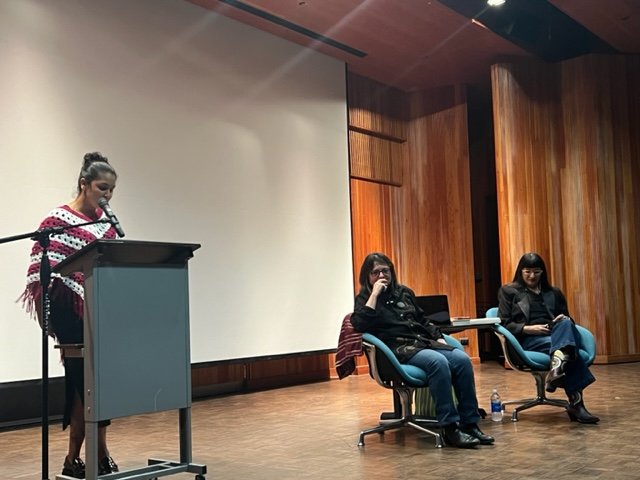 Alejandra Medina Valencia introducing Cherríe Moraga and Sandra Cisneros 