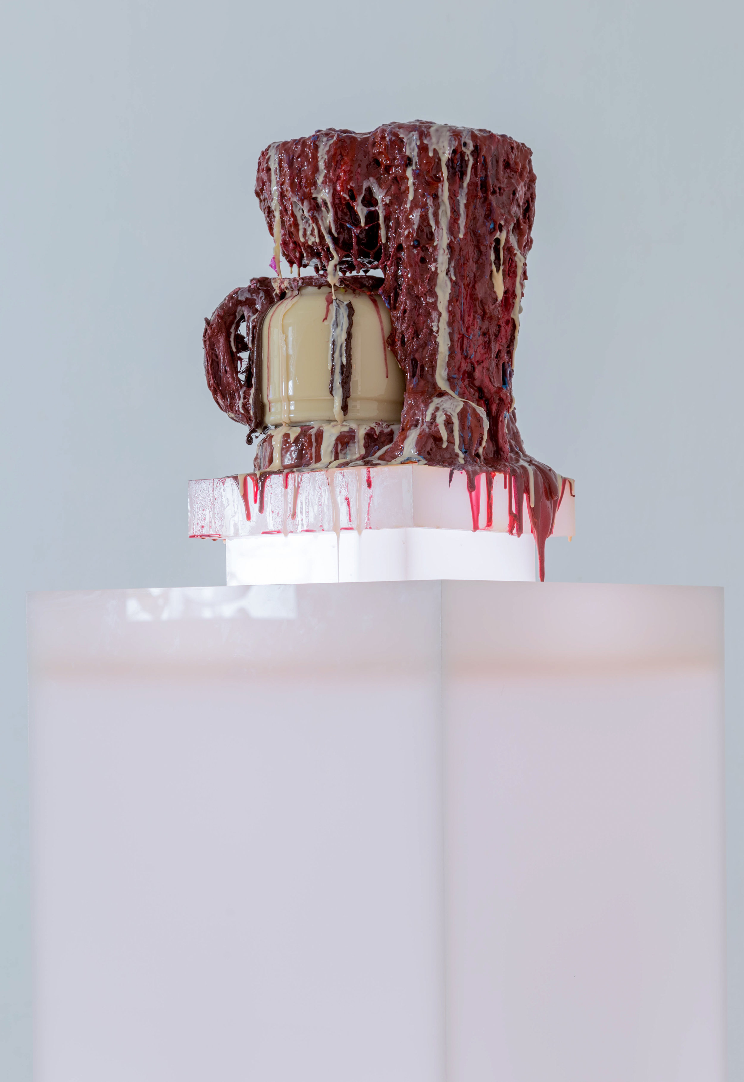   The Consumed Body Purification System: Prick! Drip! Sip! , 2018   Coffee maker, plastic reservoir, pump, urethane foam, silicone rubber, acrylic pedestal, rubber tubing, water, tempra paint, methycellulose, LED lights (Installation view from  CONSU