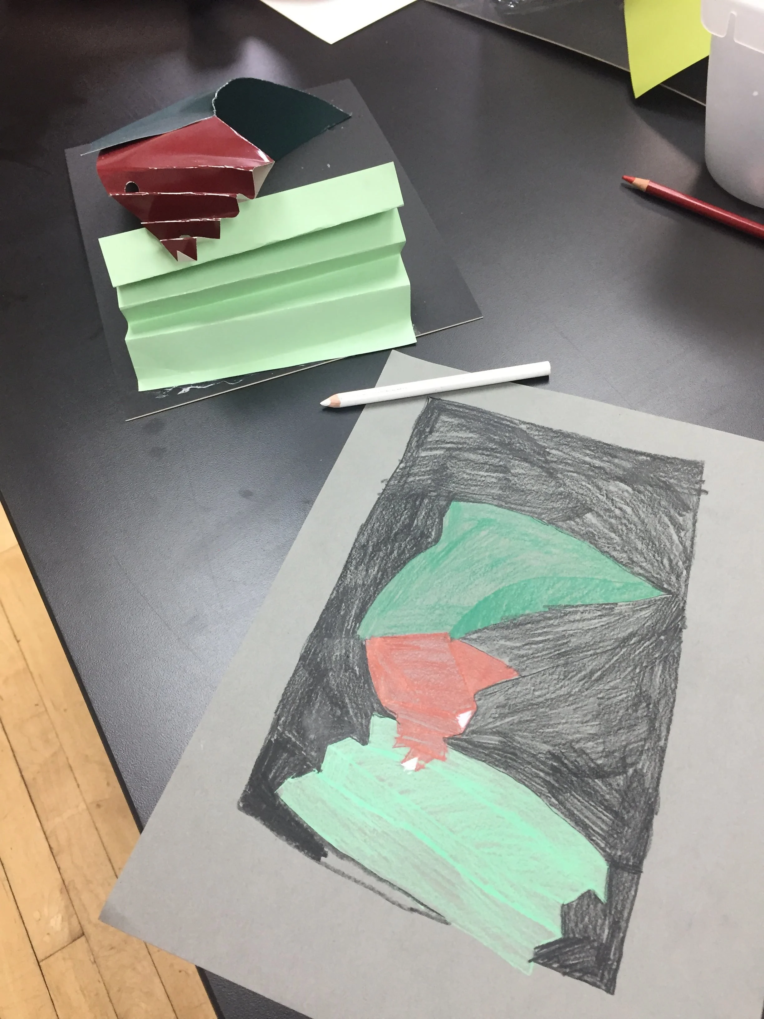  Then, attending to their  point of view , students drew their sculptures capturing the nuances of  perspective ,  light , and  shadow . 