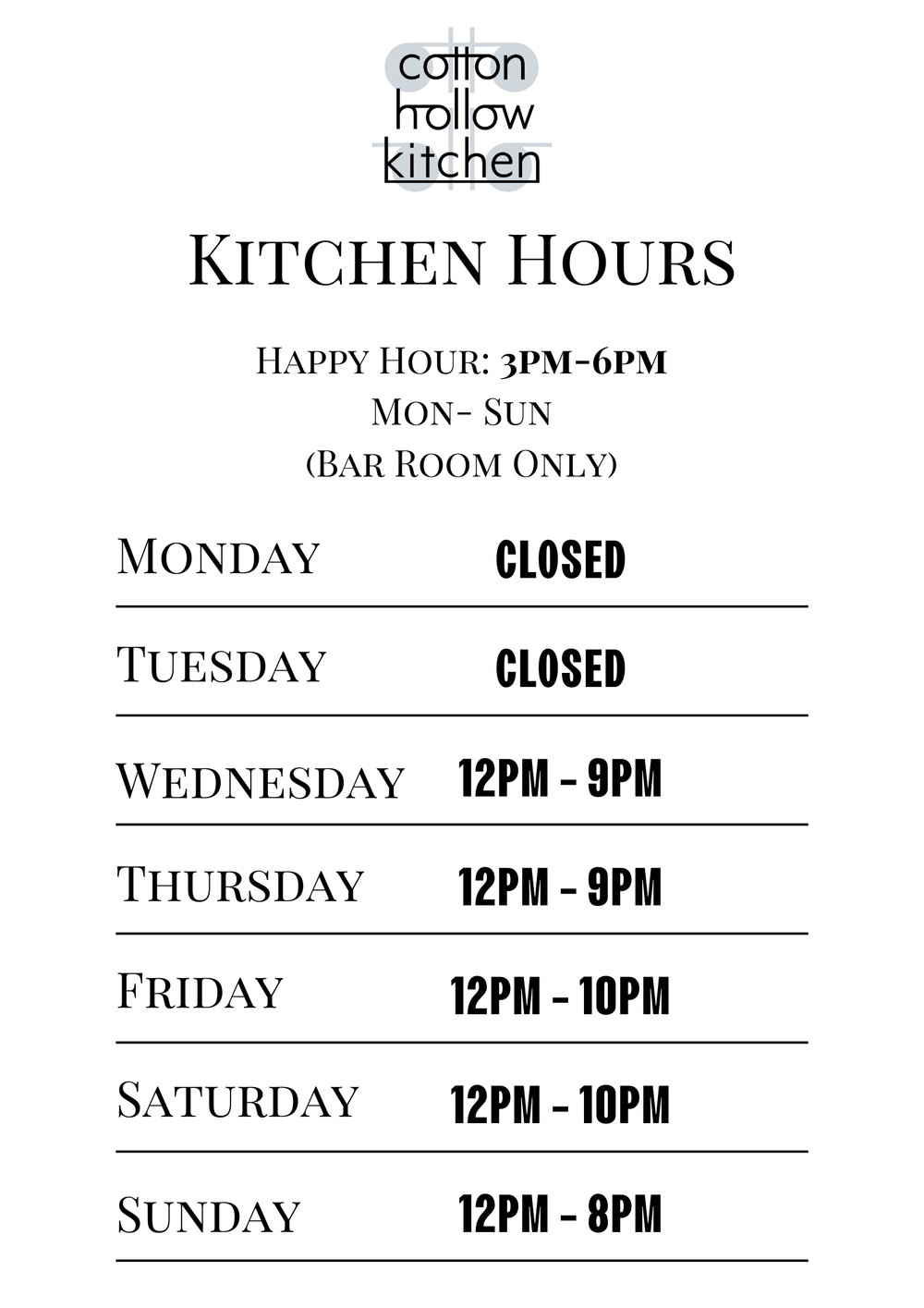 Kitchen Hours — Cotton Hollow Kitchen