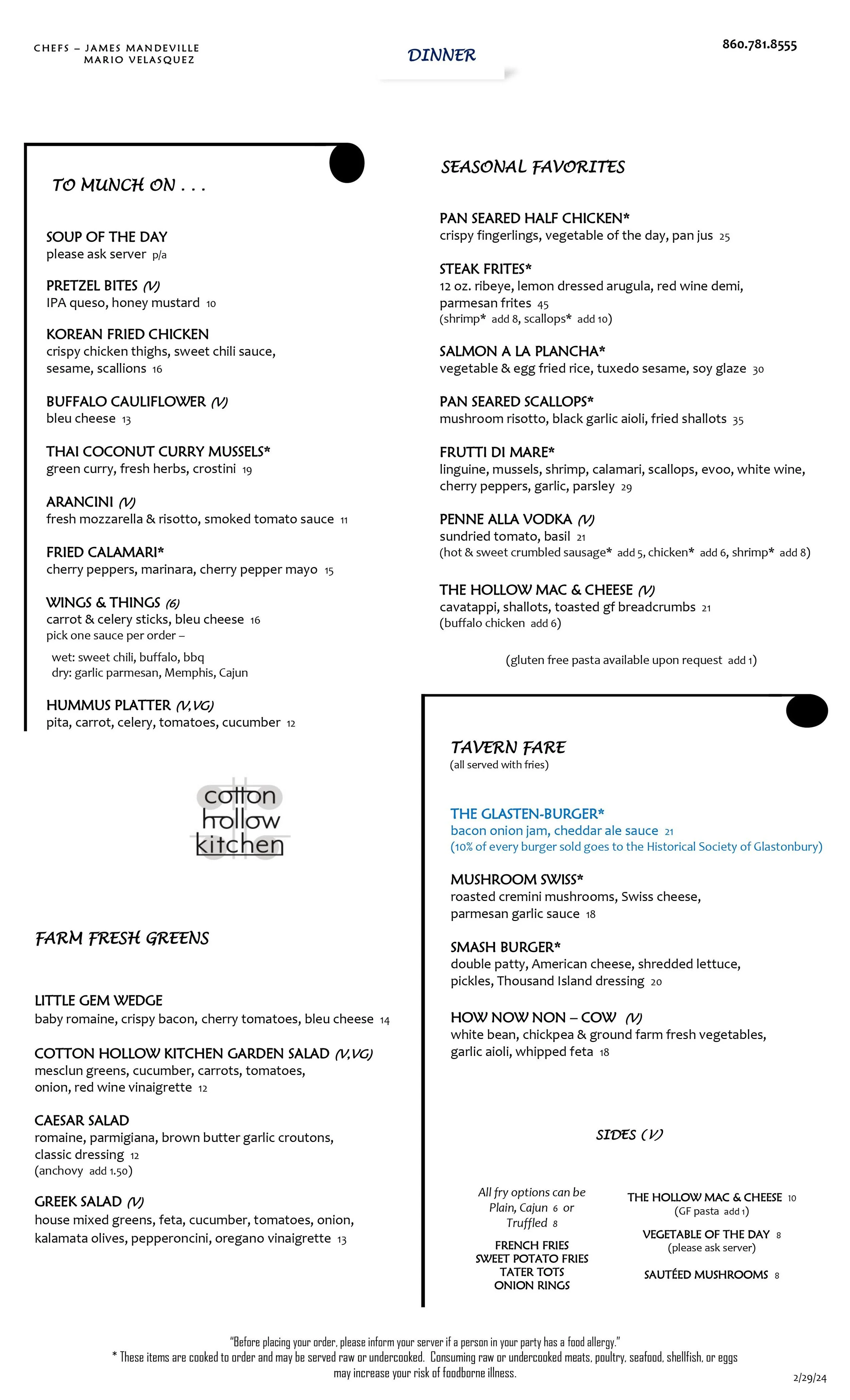 Dinner Menu — Cotton Hollow Kitchen