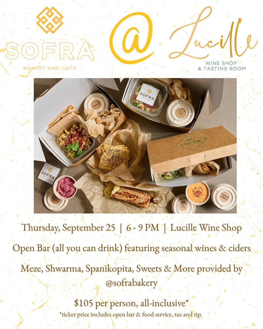 💥 SOFRA. WINE. EVERYTHING NICE 💥 

Enjoy @sofrabakery classics at @lucillewineshop on Thursday, September 25, for a fall wine bar featuring our favorite fall flavors. Guzzle glasses of funky orange, spicy red, and rich white wines, and autumn-perfe