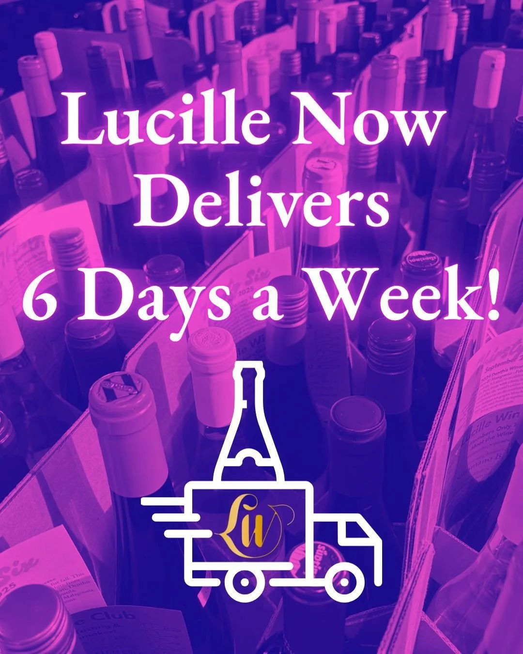 🚚 BEEP BEEP 🍷  Lucille Now Offers Delivery Six Days a Week!

Too busy crushing meetings, herding husbands, and chasing children? Lucille is now partnered with an online ordering platform to bring you delivery six days a week.

Whether you need a bo