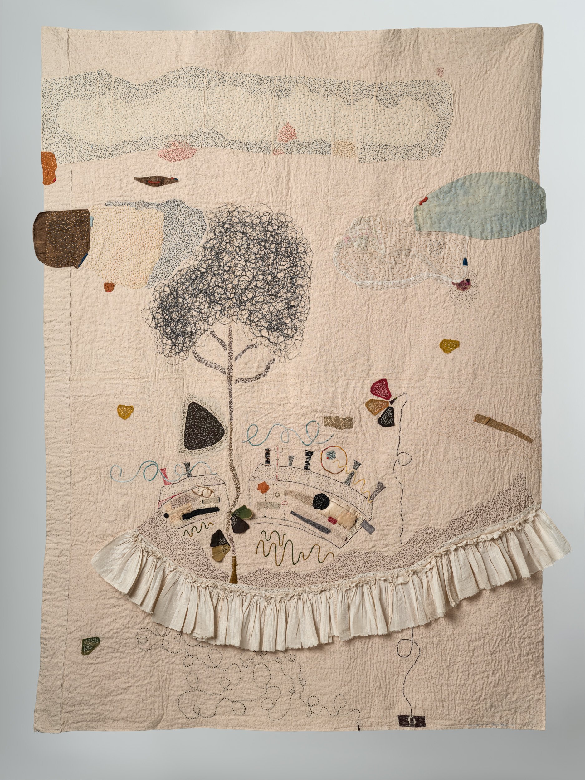 Quilt One-Industrial Landscape.
Date, 2025. Size, 205cm x 145cm.

Constructed from a large French cotton bed sheet, with a batting of sheets wool. Dyed using a mix of avocado, walnut and cutch extract. Hand quilted over a twelve months. Quilted with 