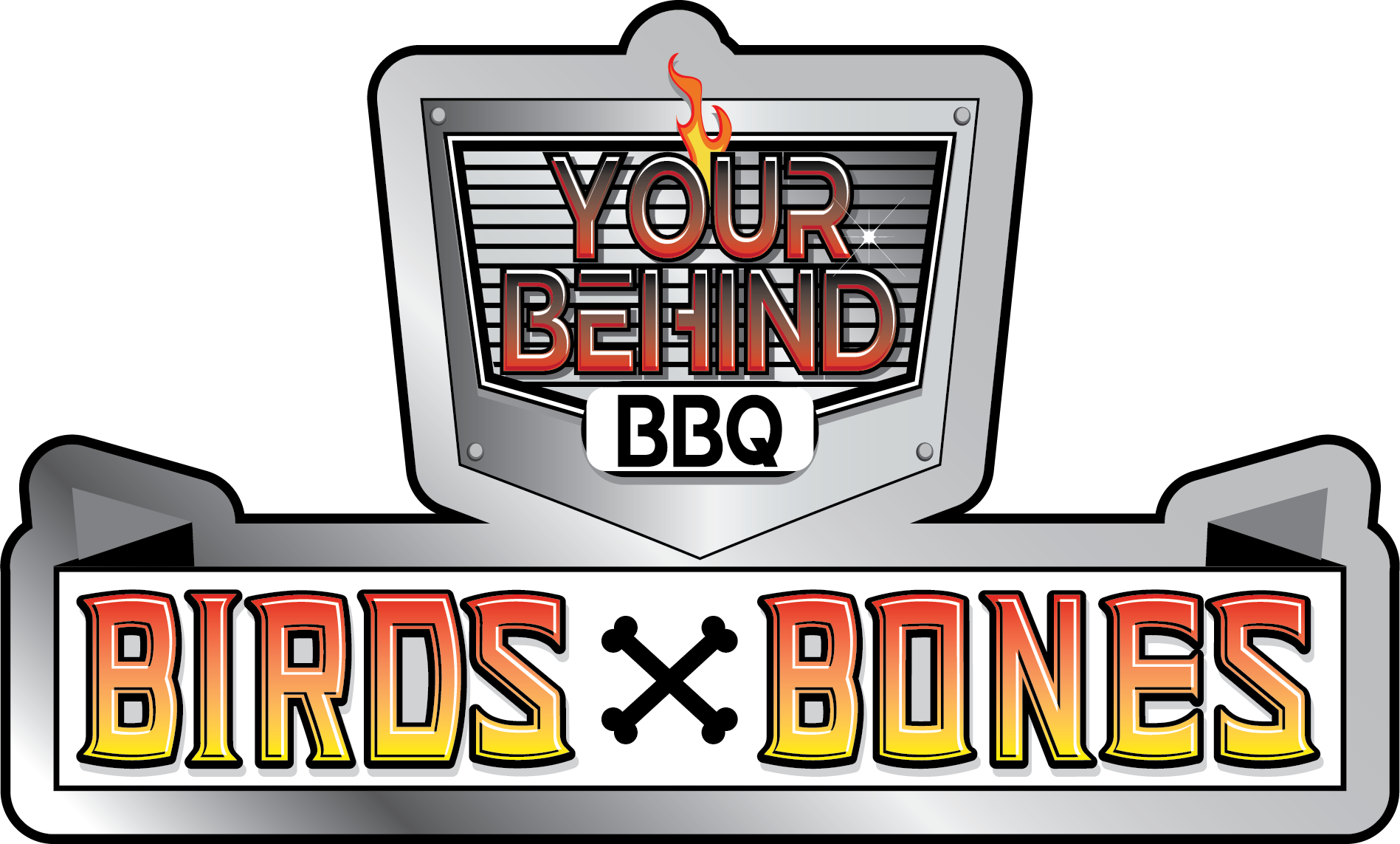 Sign that reads "Your Behind BBq" with flames above and a banner below that says "Birds Bones" with crossed bones symbol.