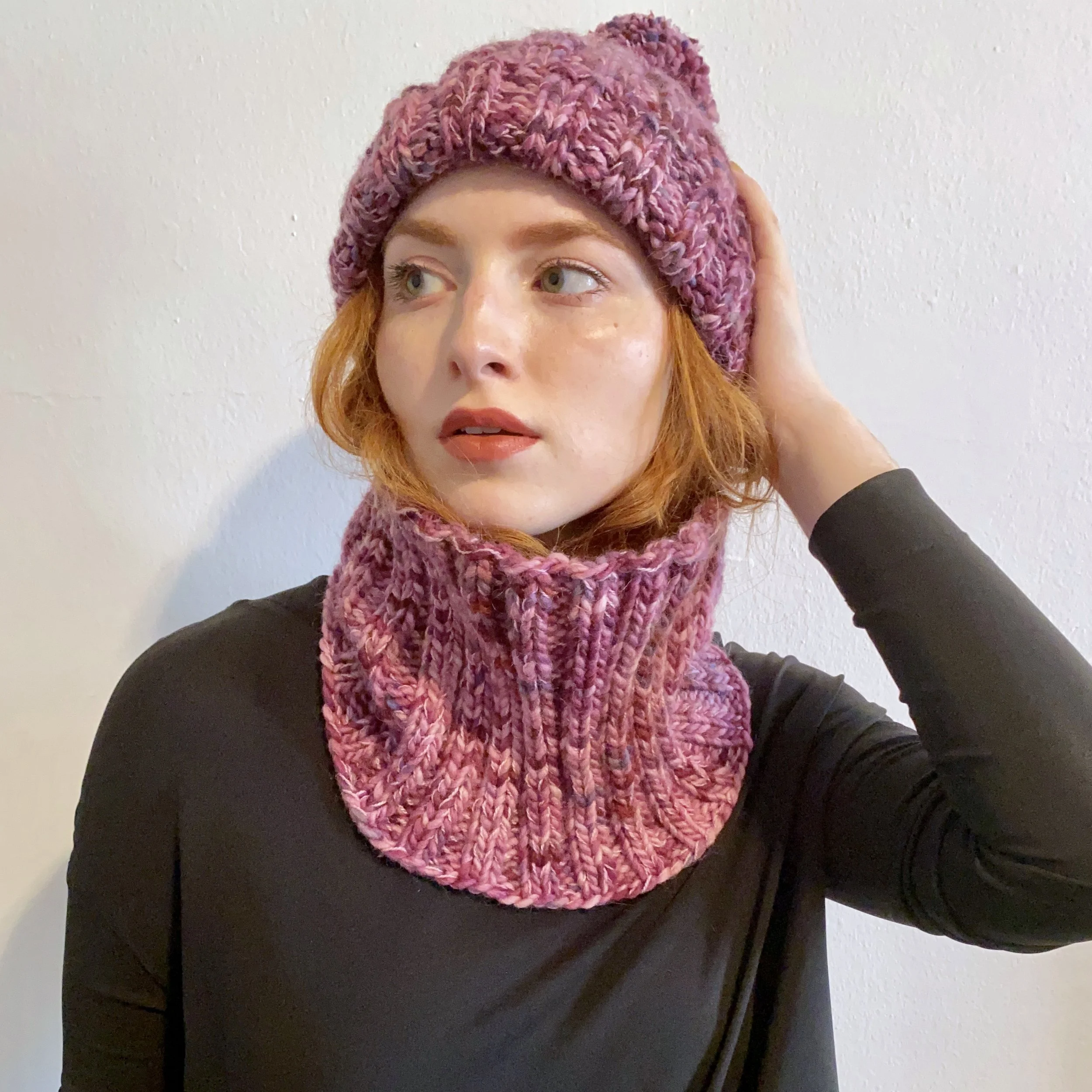 Plum Pom Pom Hat + Cowl Combo (Save $30)