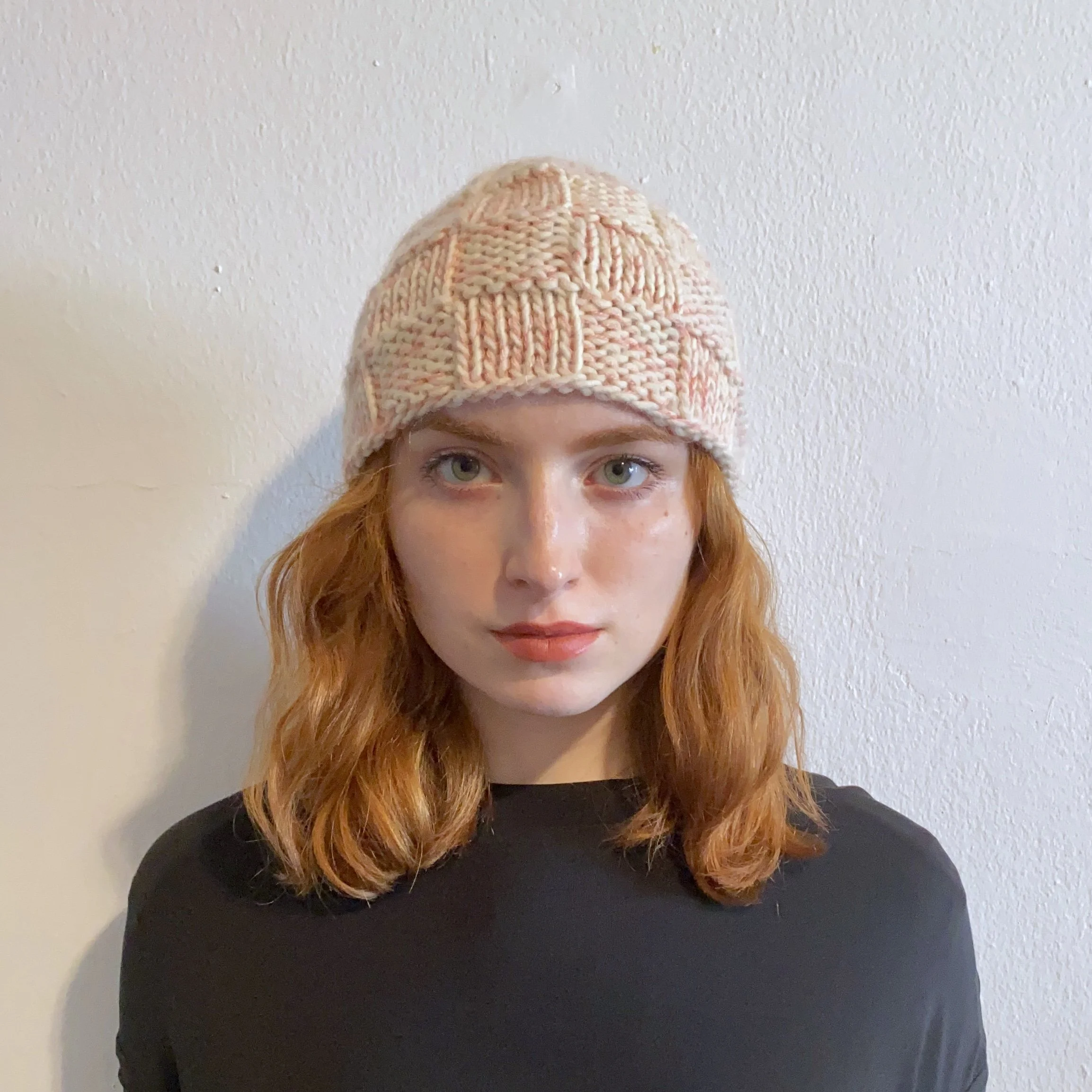 Checkerboard Beanie - Natural + Pink