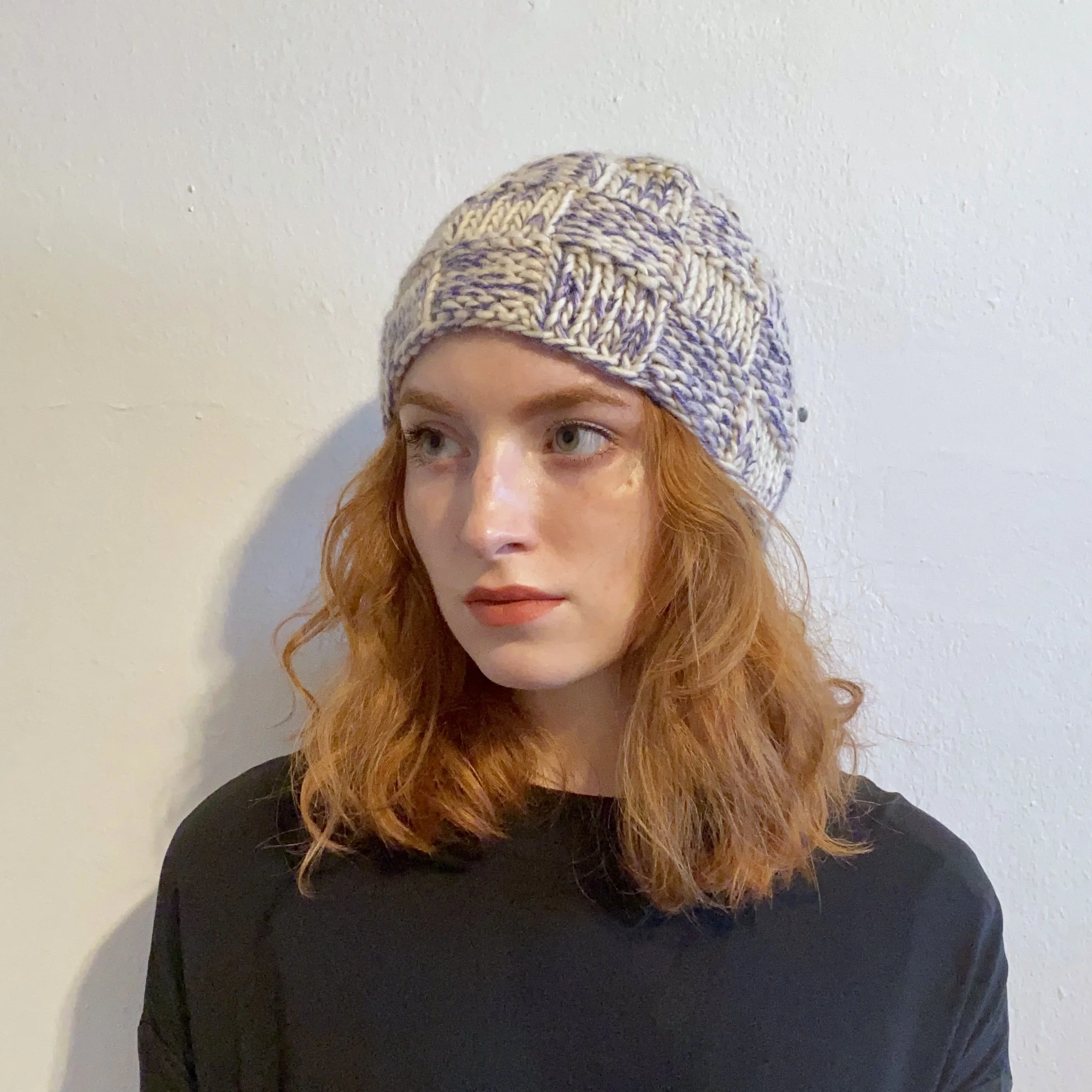 Checkerboard Beanie - Natural + Blue/Lavender