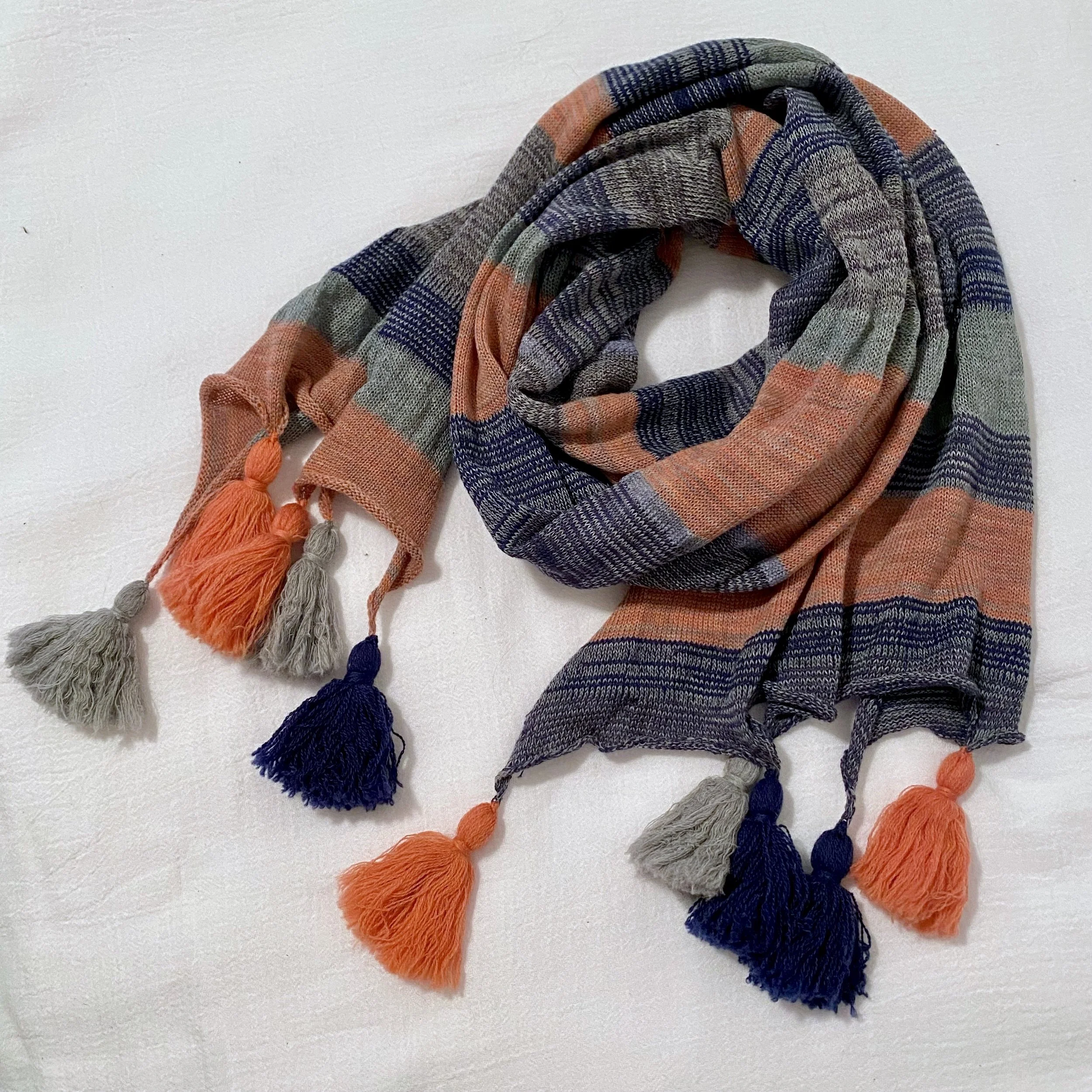 Lightweight Stripe Tassel Scarf - Blue Coral Combo
