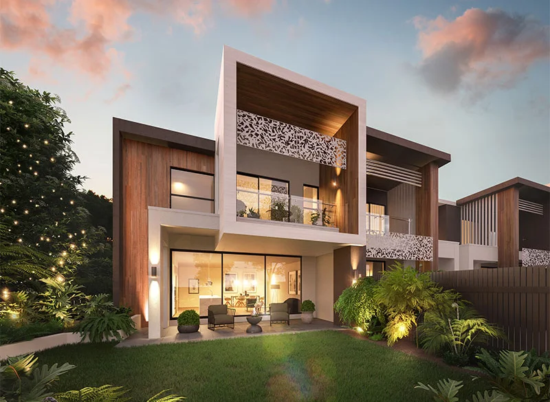  Careful design ensures that adjacent homes adjoin in a coordinated and cohesive manner. Colours and materials from similar tonal and textural families help to aid the overall cohesiveness of the composition. This is a computer generated publicity sh
