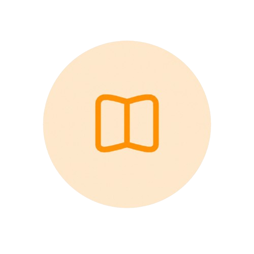 Icon of an open book in orange outline inside a beige circle.