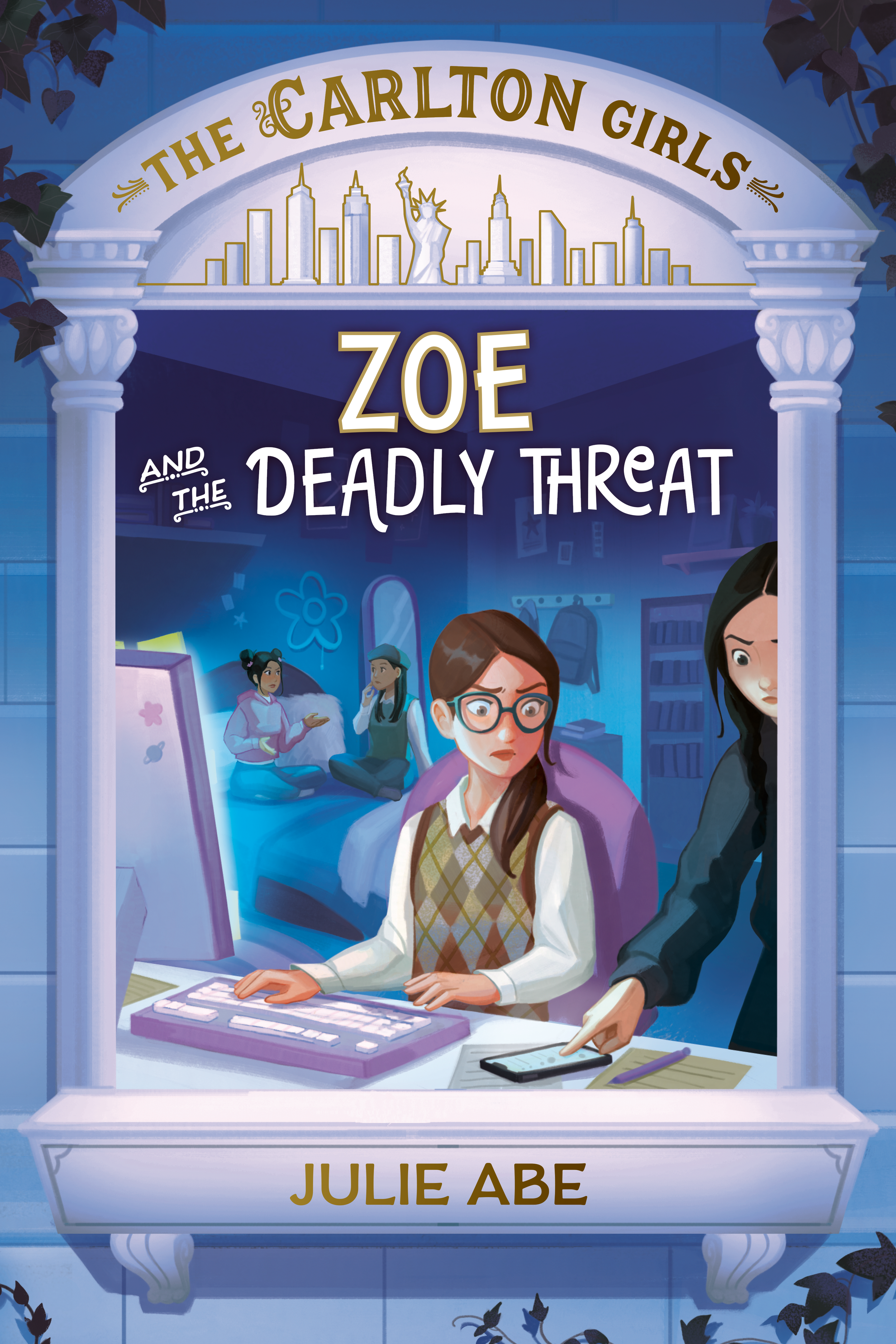 Zoe and the Deadly Threat by Julie Abe - Cozy Mystery Middle Grade, cover features a girl at a computer with her friends, trying to solve the mystery of a threat.