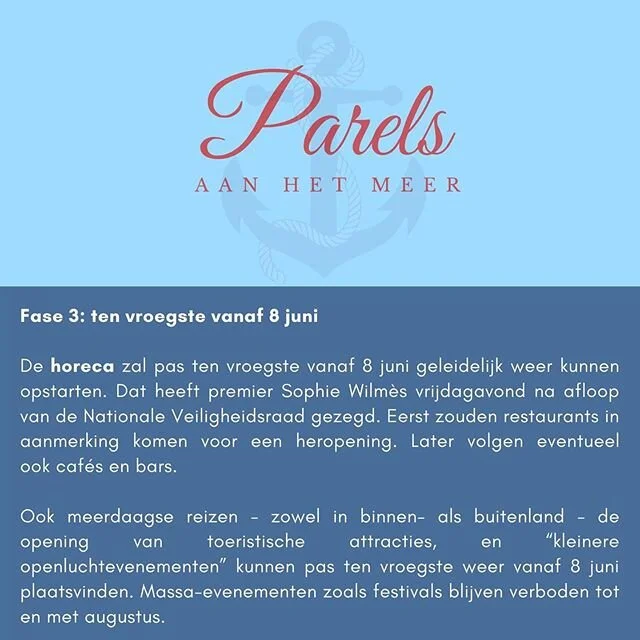 Gisteren hadden De Meerhoek en Maison Plume verwacht dat we definitief besluit gingen krijgen omtrent 14 juni. 
Momenteel zijn we nog in de running om Parels aan het Meer te kunnen laten doorgaan. Dus wij blijven er in geloven.

Reserveer dus gerust 