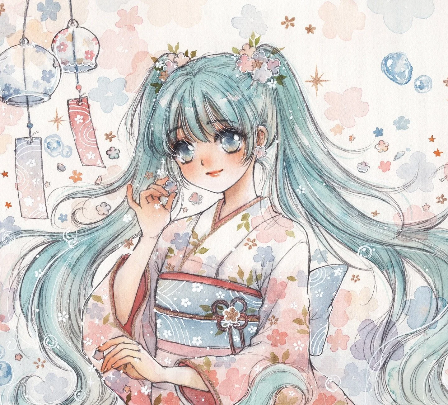 🍬☁️✨

Commission for @petals_in_prism 🍊

Watercolor on arches paper
#illustration #watercolor #vocaloid #miku #ink #水彩 #透明水彩 #透明水彩イラスト
