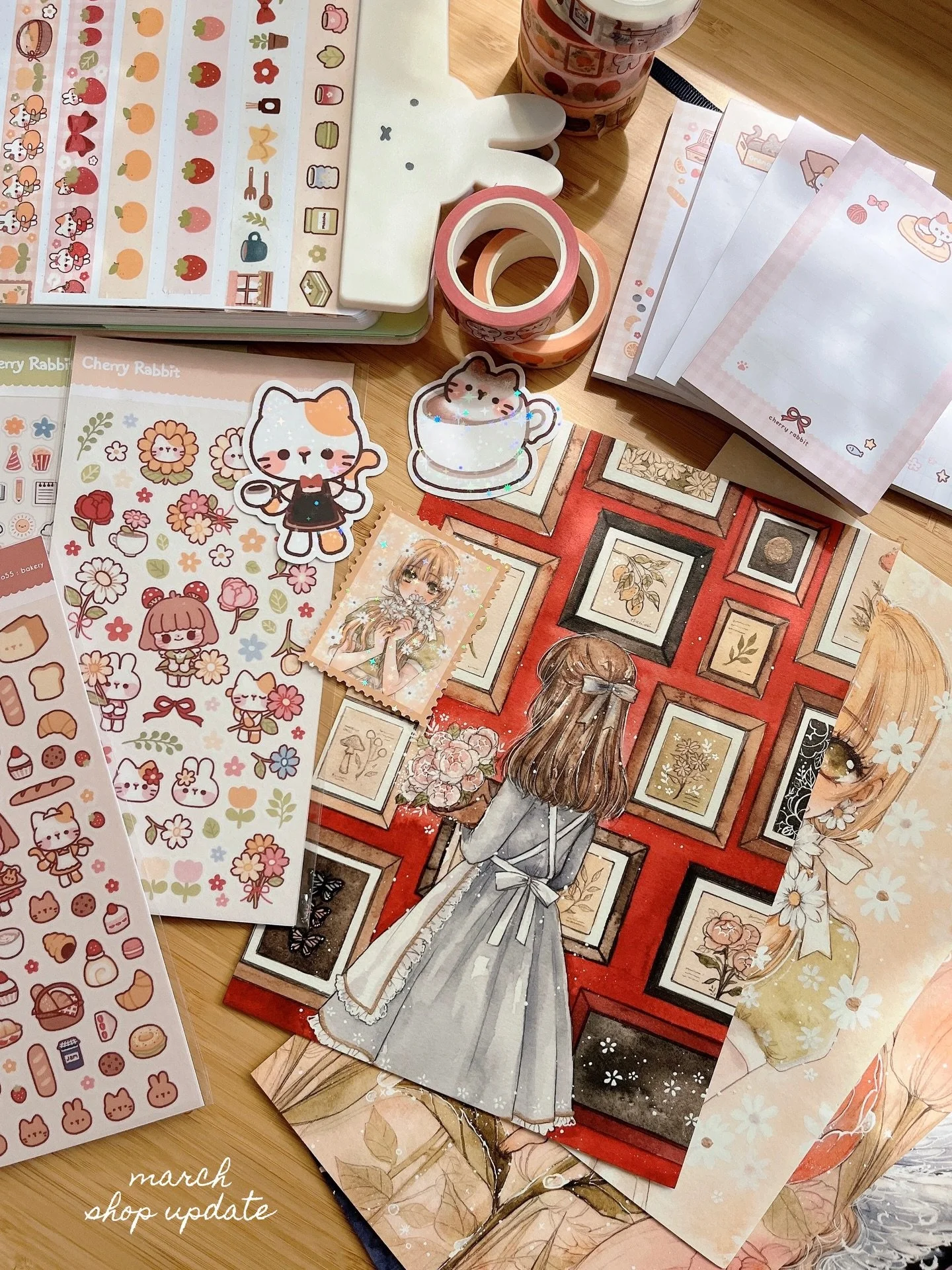 🌼 March shop update 🌼

Updated the shop with some new merch! 💌✨
&bull; sticker sheets &amp; stickers
&bull; prints
&bull; washi tapes
&bull; memo pads
+ restock! 📝✨

✶ Shop&rsquo;s freebie sticker and postcard design has been updated as well 🐰🍒