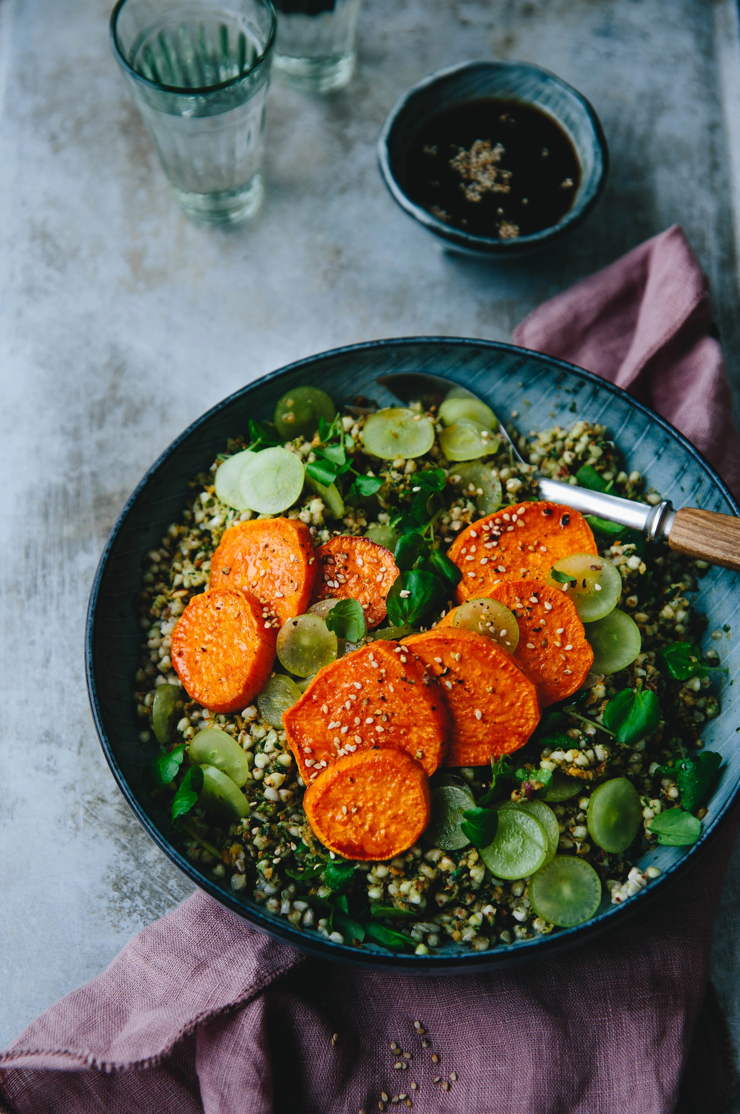 Green Goddess Buckwheat Salad with Tamari Glazed Sweet Potato & Grapes | v + gf