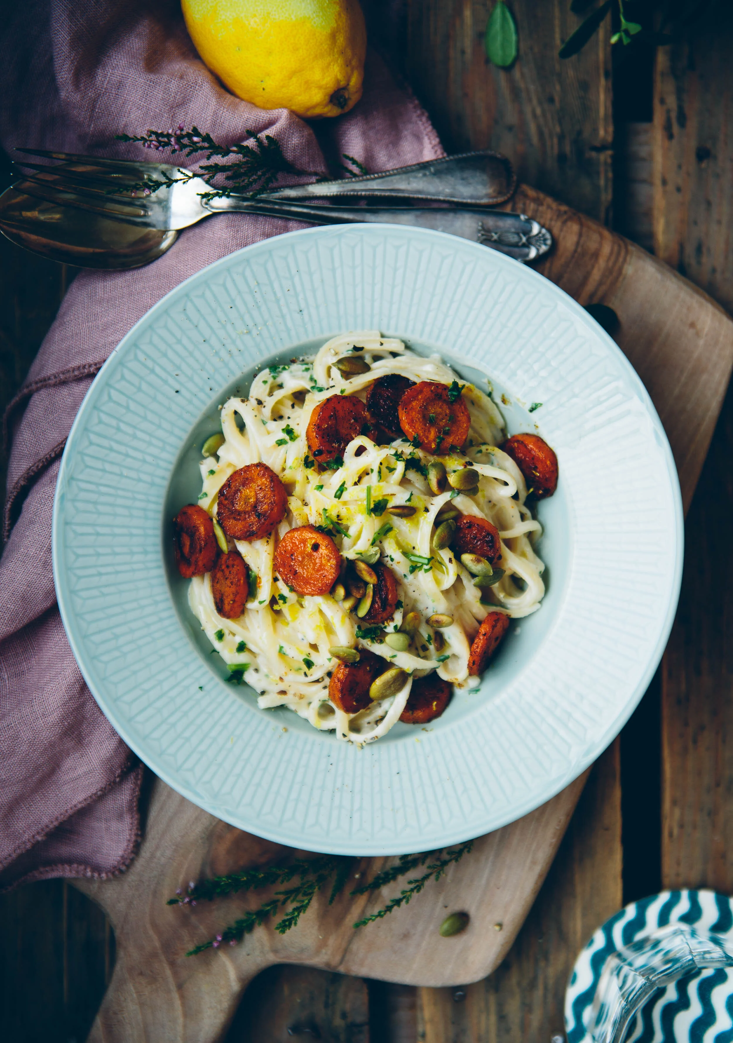 Linguine with Cashew Alfredo Sauce & Carrot Chorizo | v + gf