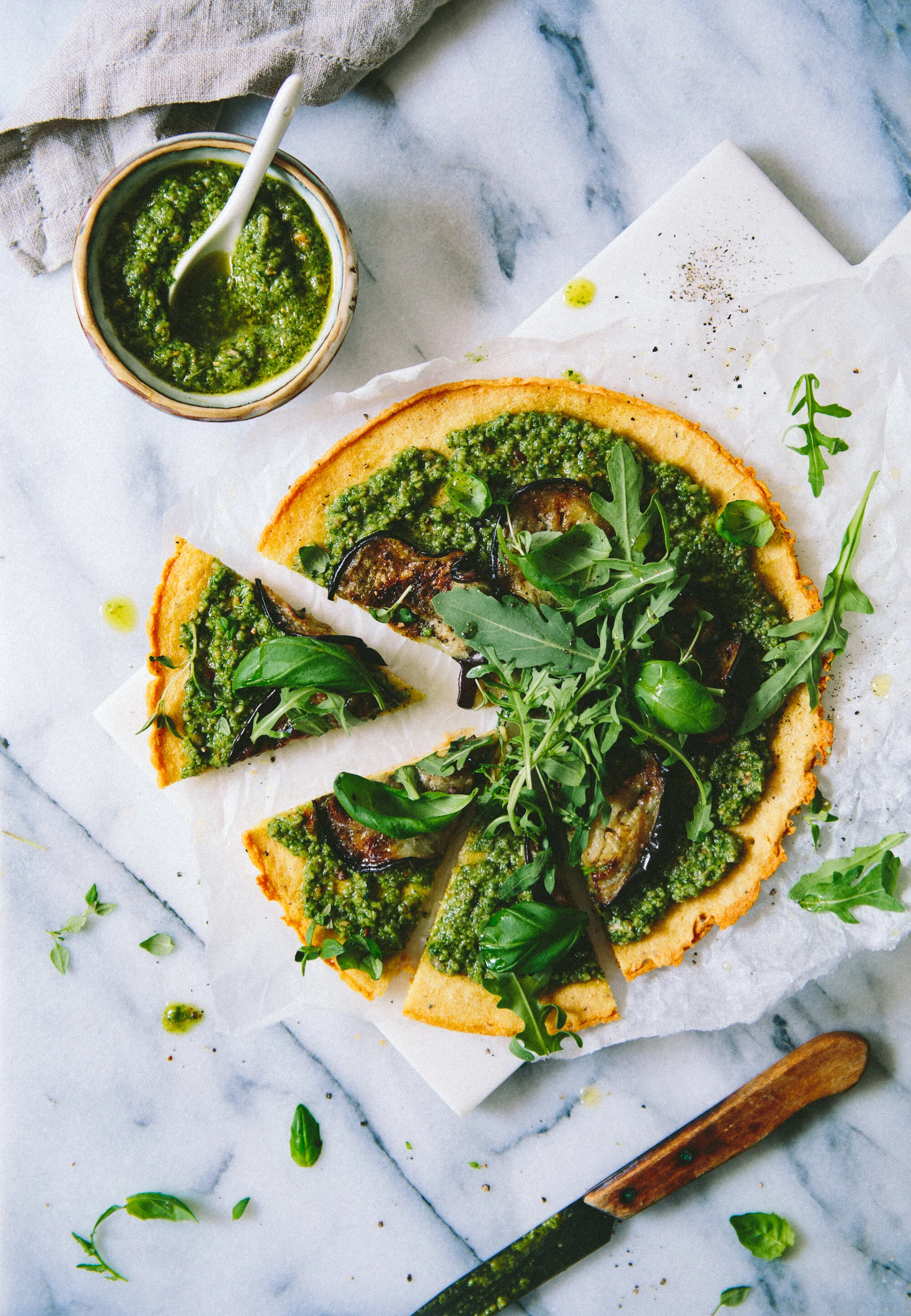 Socca Pizza with Sunflower Pesto, Aubergine & Rocket Salad | v + gf