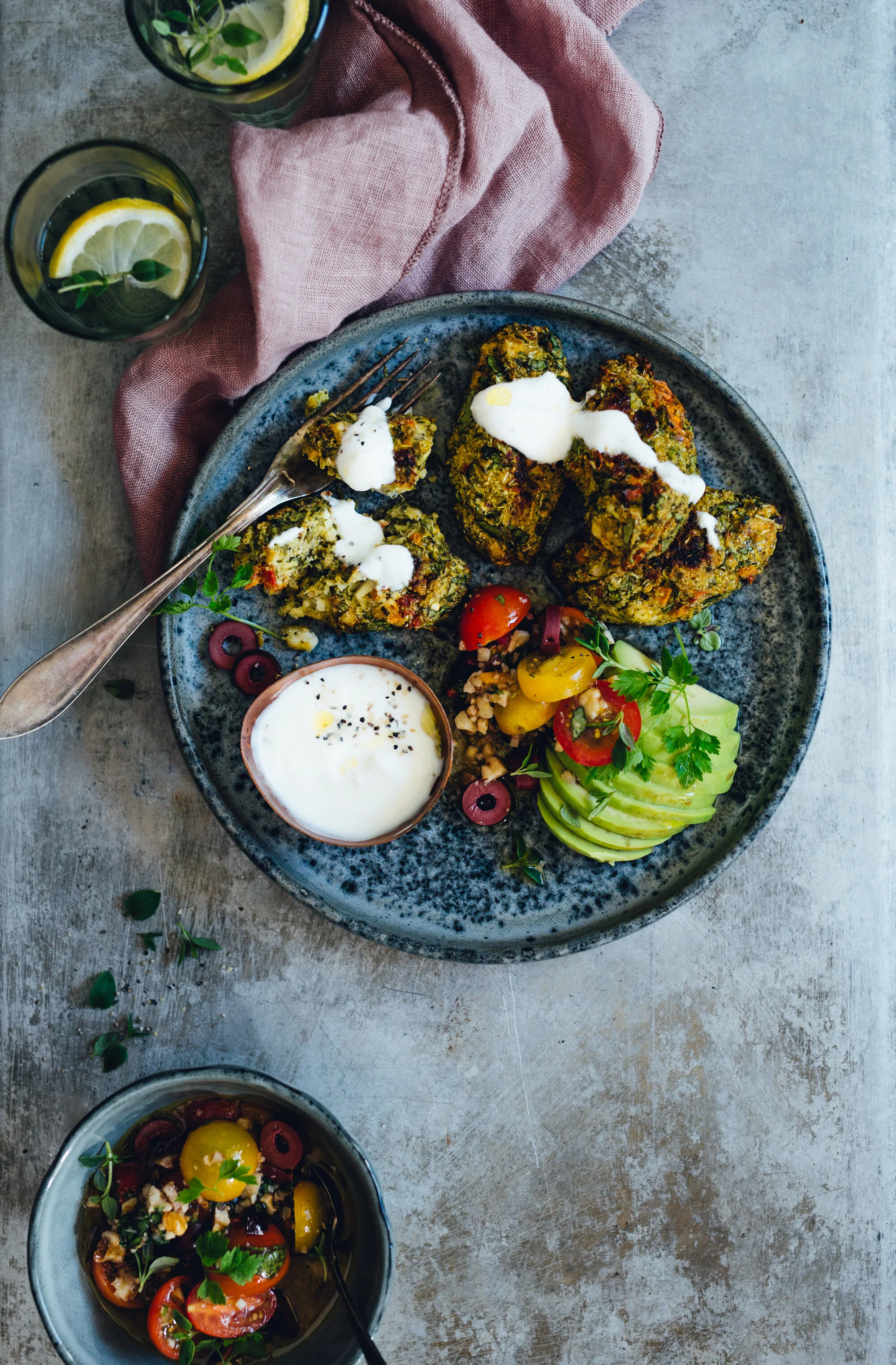 Greek Broccoli & Feta Patties with Tomato Olive Salsa & Smoked Yoghurt | gf
