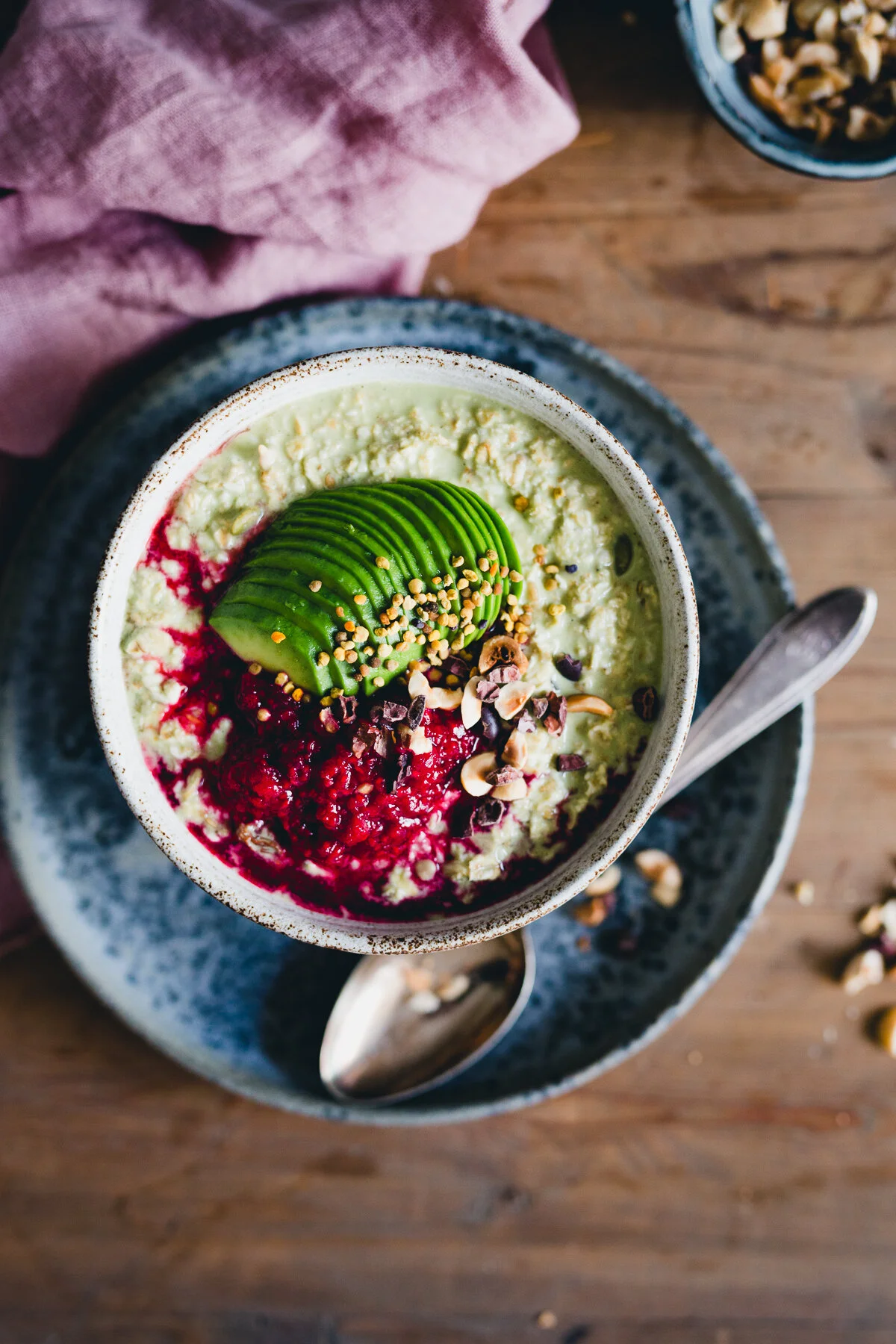 Matcha Bircher Muesli with Warm Raspberries | v + gf
