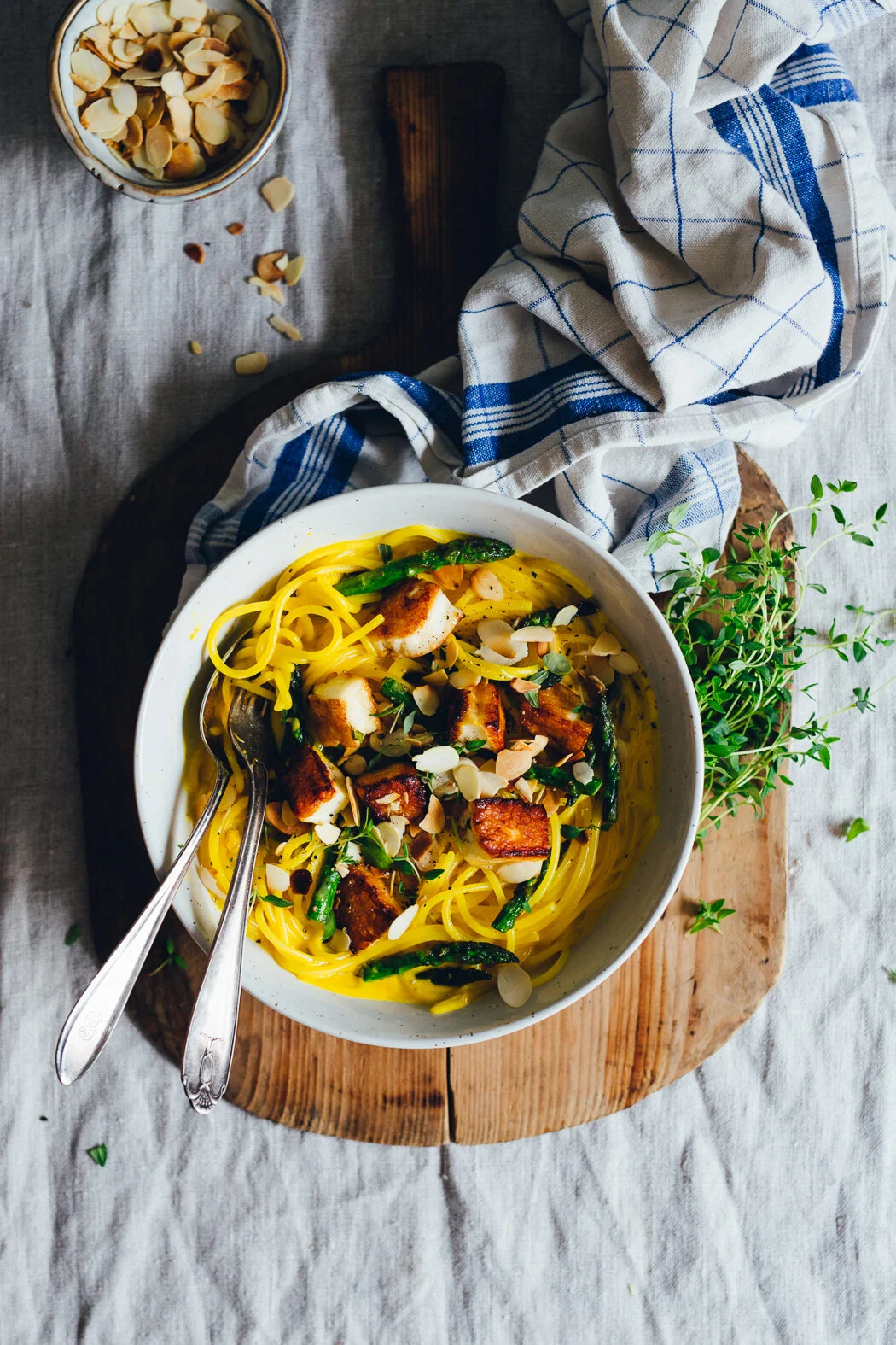 Creamy Saffron & Lemon Pasta with Asparagus, Halloumi & Slivered Almonds