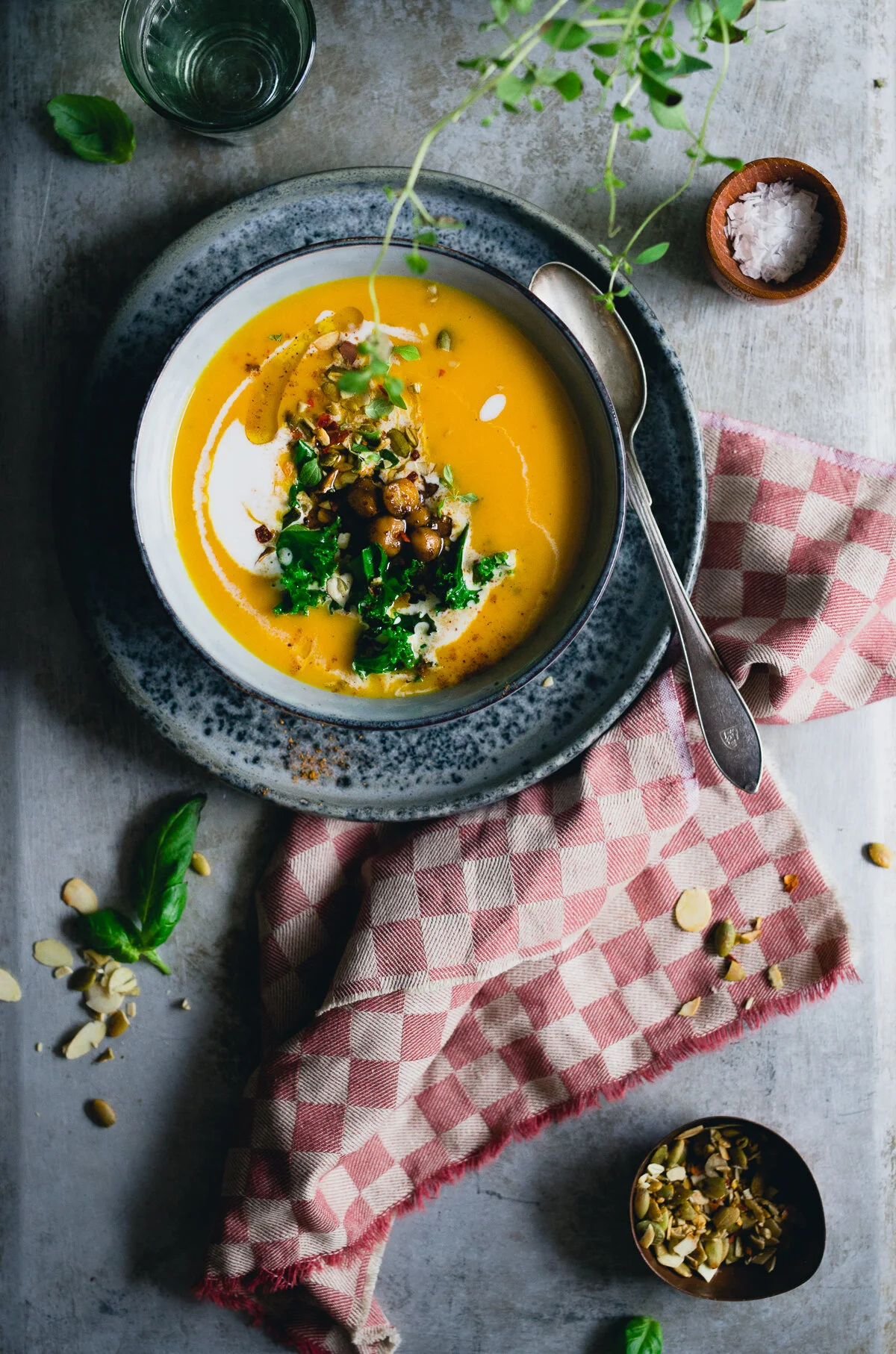 Sweet Potato & Carrot Soup with Ras El Hanout Chickpeas & Sautéed Kale | v + gf