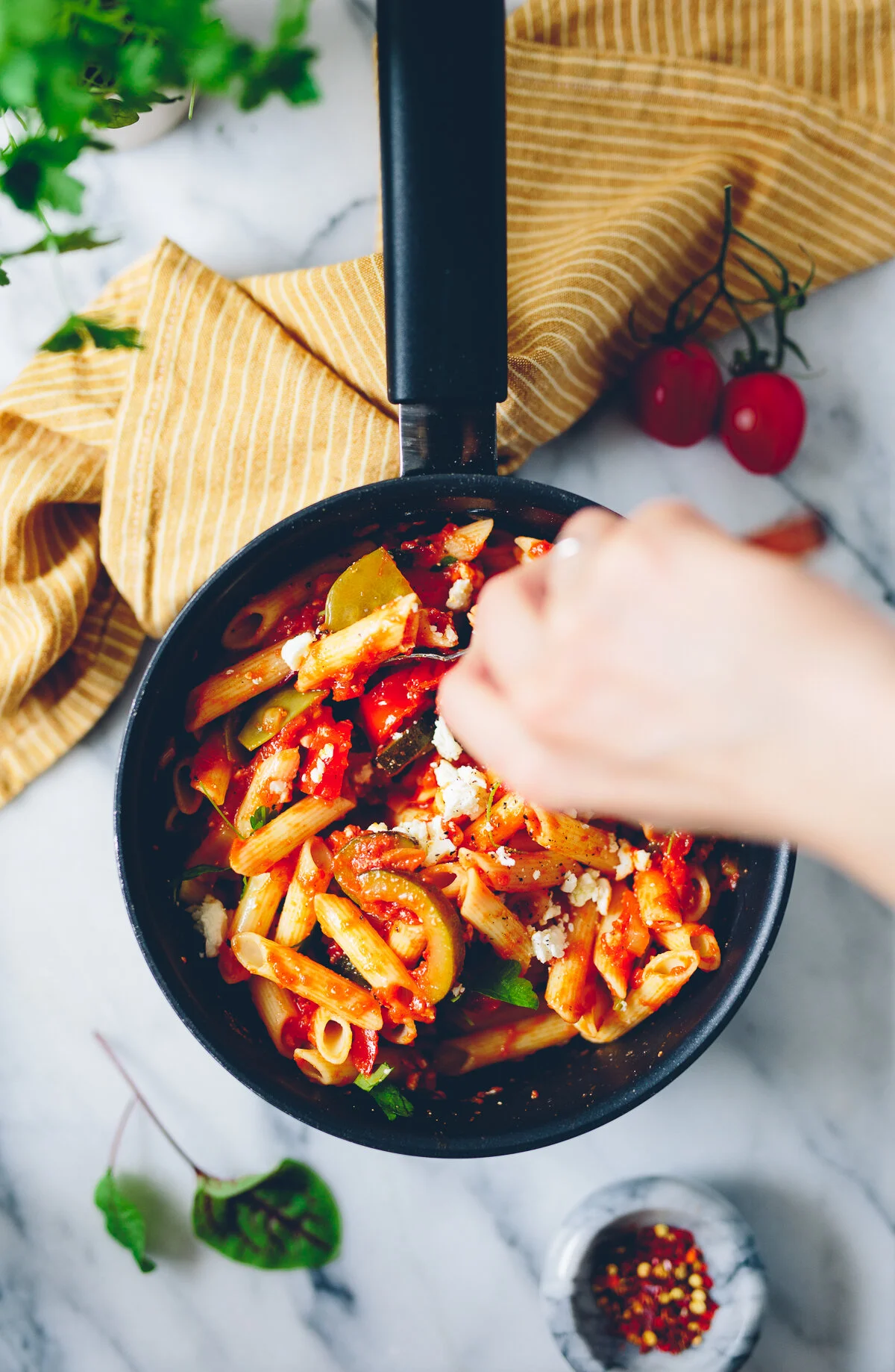 Pasta med Ratatouille och Feta