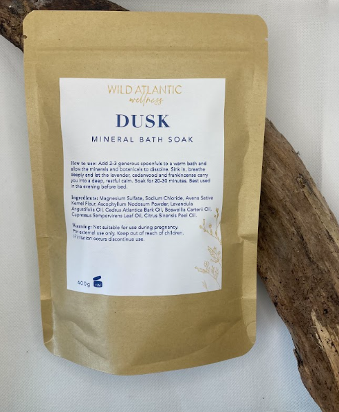 DUSK mineral bath soak ingredients and how to use, natural Irish bath salts label