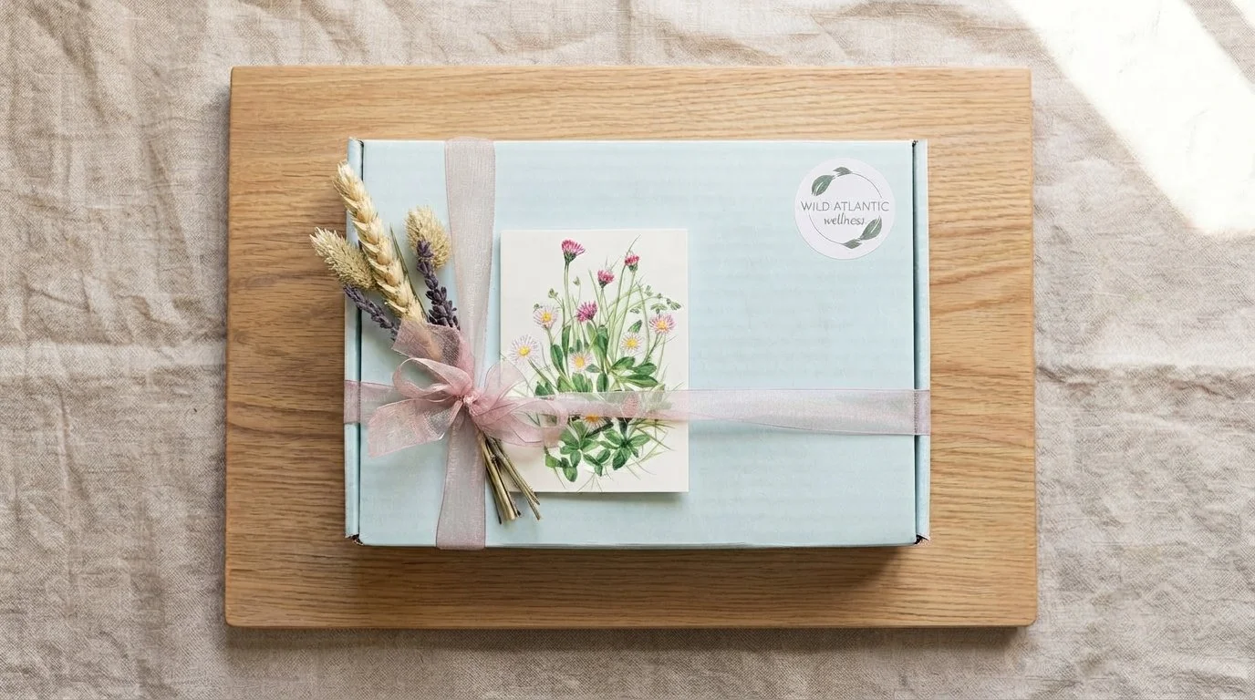 Wild Atlantic Wellness pregnancy gift set in a mint gift box tied with pink ribbon, dried wheat, lavender and a wildflower card