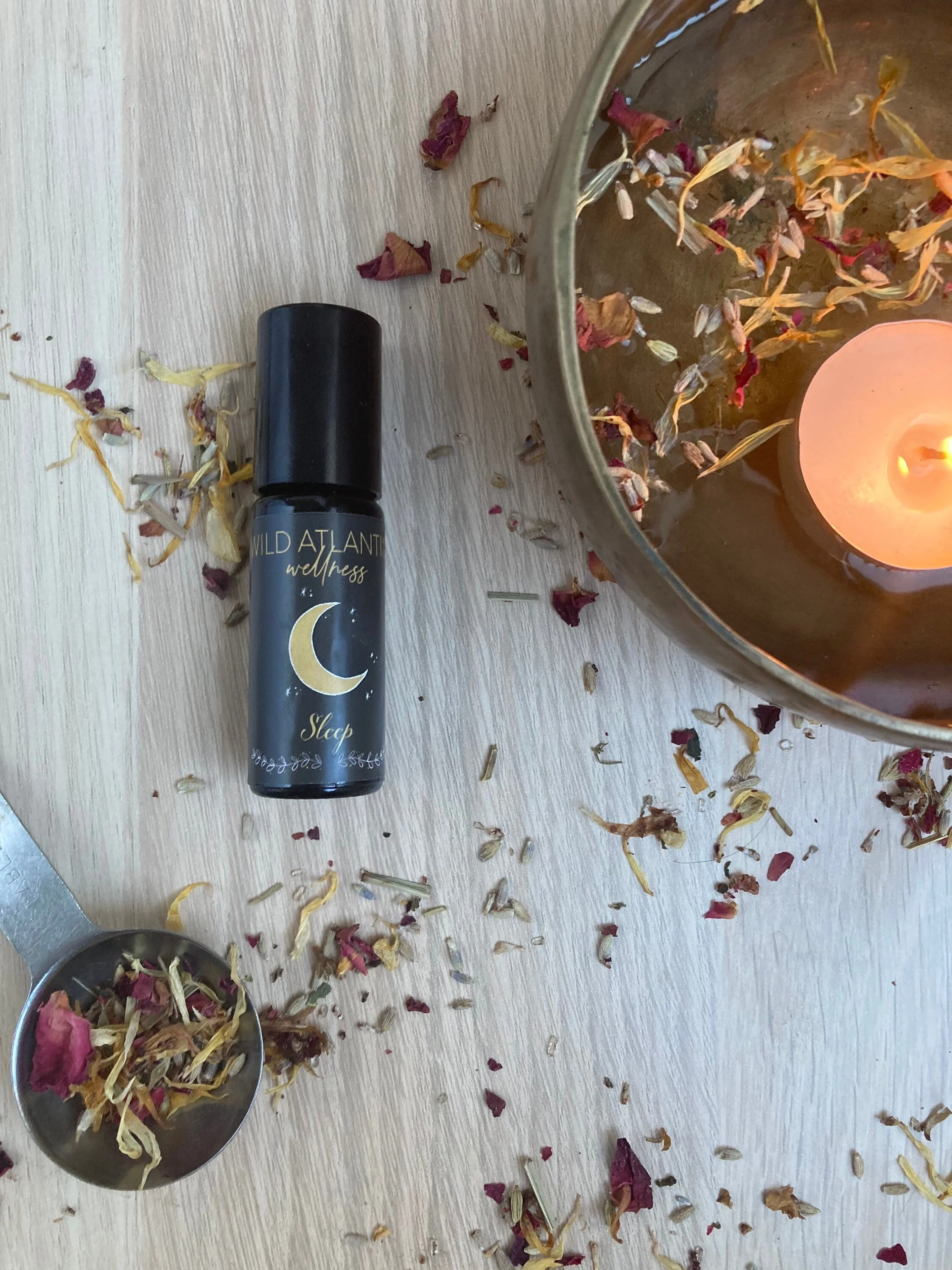 Botanical essential oil roller and mineral bath soak for sleep and stress relief handcrafted in Ireland