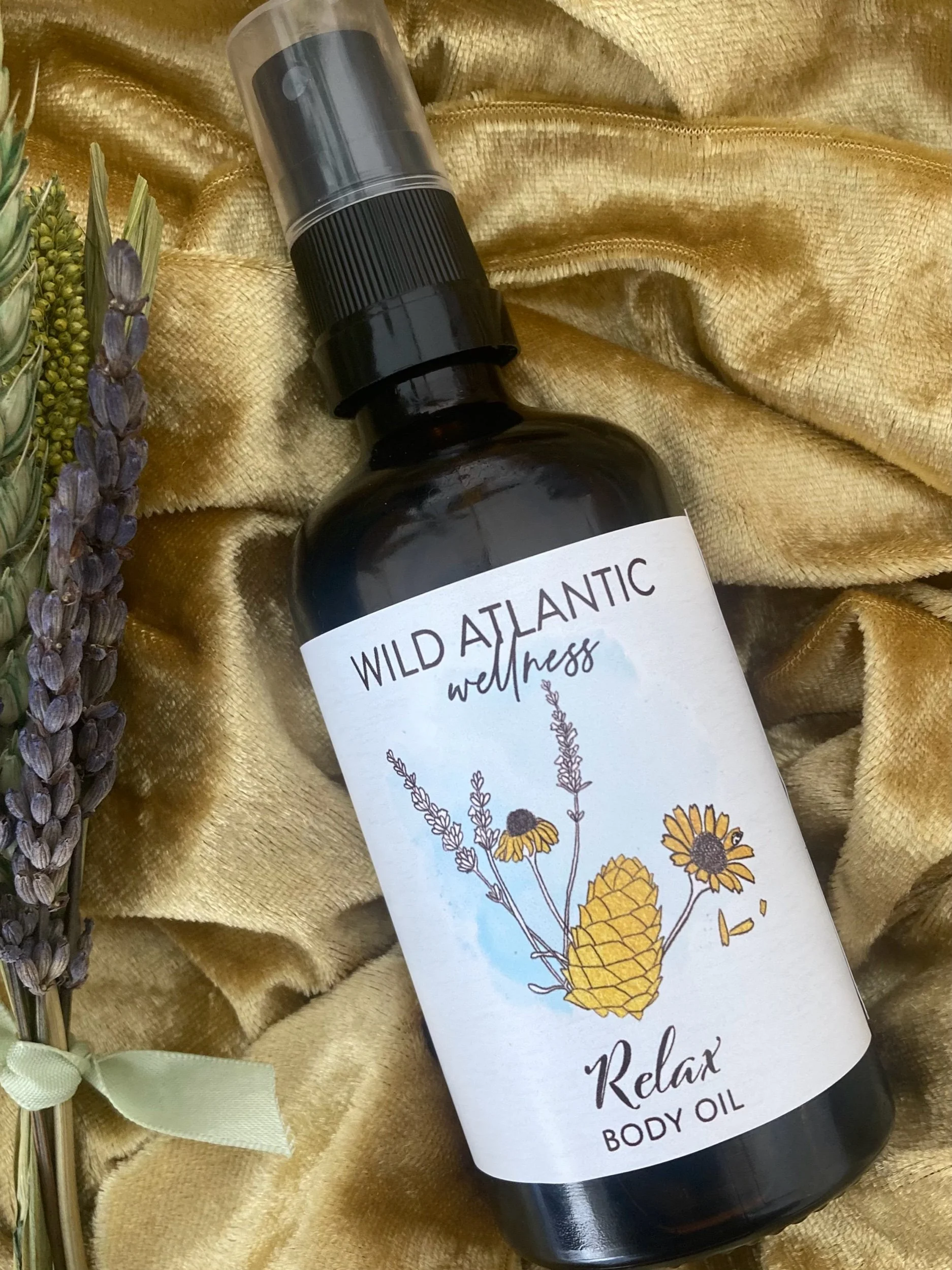 Relax body oil handmade in West Cork Ireland by Wild Atlantic Wellness — natural calming oil for women