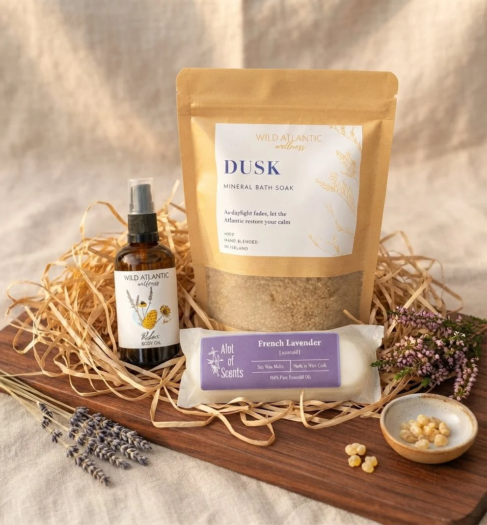 Dusk Ritual gift set with Dusk bath soak, Relax body oil and French Lavender wax melts, with lavender and heather
