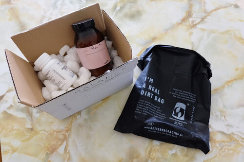 No plastic in this shipment from my naturopath! The bag by  Better Packaging Co  is plant-based and the pellets will break down with water! Plus when I go back the naturopath will happily refill my glass compound jar. Thanks  Tia Miers !