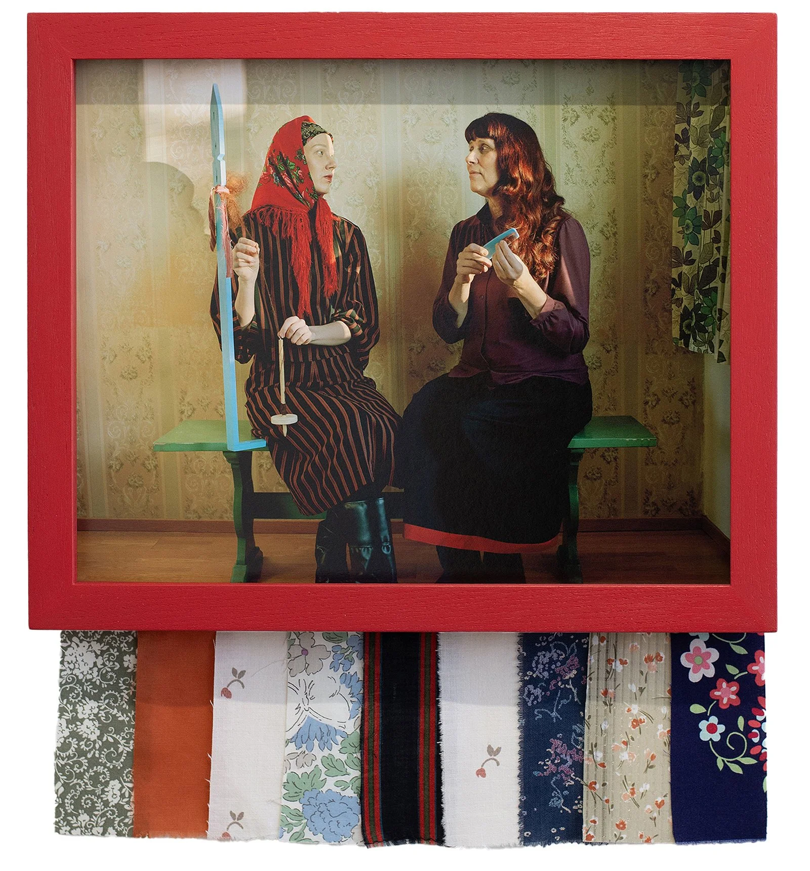  Lumi Tuomi.  Kezriändäillattšu . Kehruuiltama. 2025. Analogue photograph, wooden frame, pigment print on aluminum, museum glass, unique scrap fabric fringes, 31.5 x 38.5 cm. 