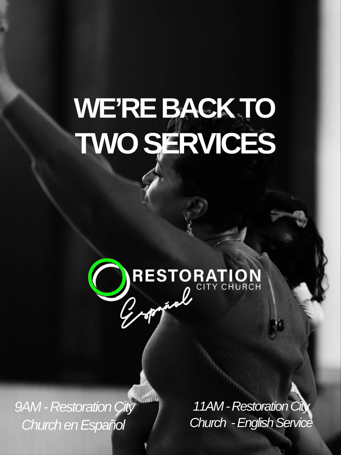 In case you missed it, we’re back to two services! 🙌 This time we’re excited to officially launch Restoration City Church en Español.
🕘 Spanish Service: 9 AM
🕚 English Service: 11 AM
We can’t wait to worship the Lord wit