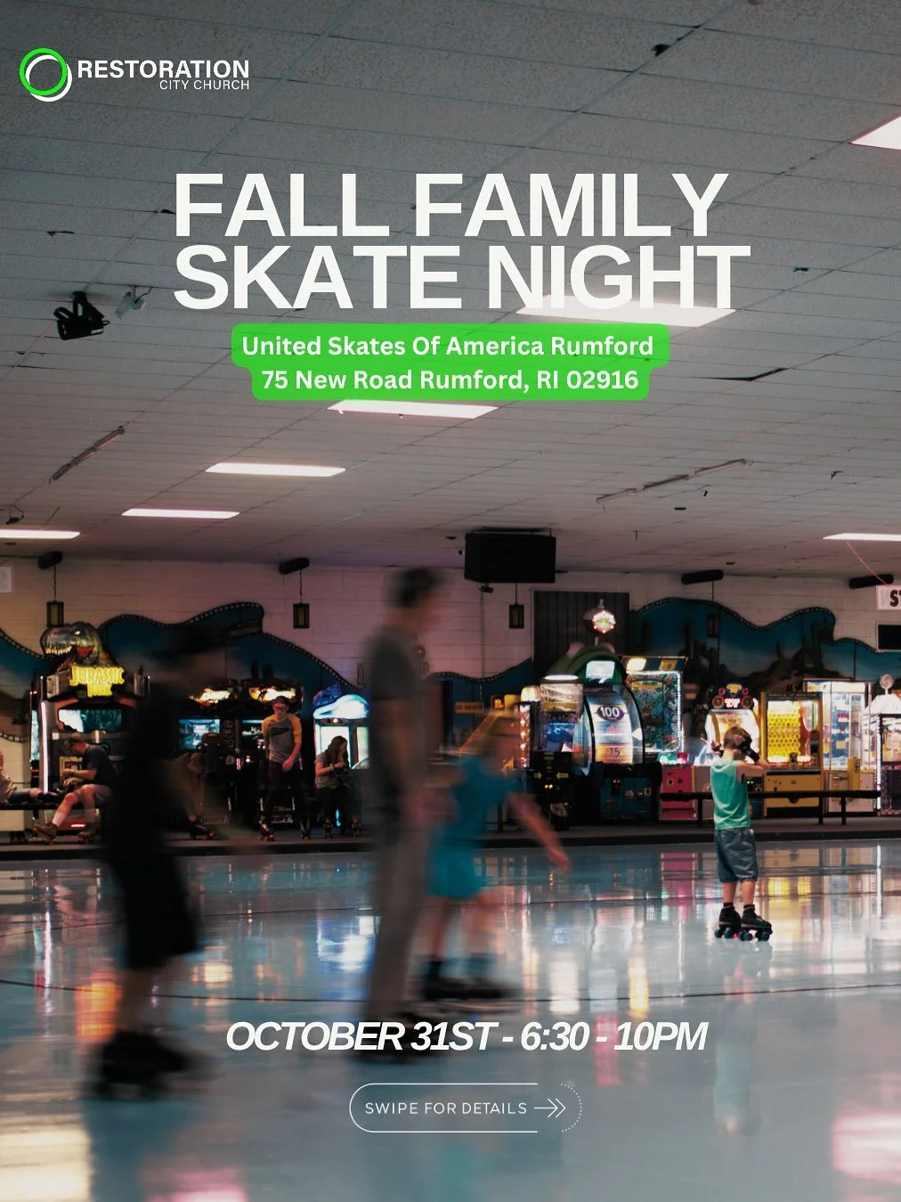 Join RCC for the United Skates’ Fall Festival Christian Skate Night on Friday, October 31!
🚗 Want to ride together? Meet at the church at 6:15 PM- rides are first come, first served, and we’ll be leaving promptly at 6:30 PM.
You’