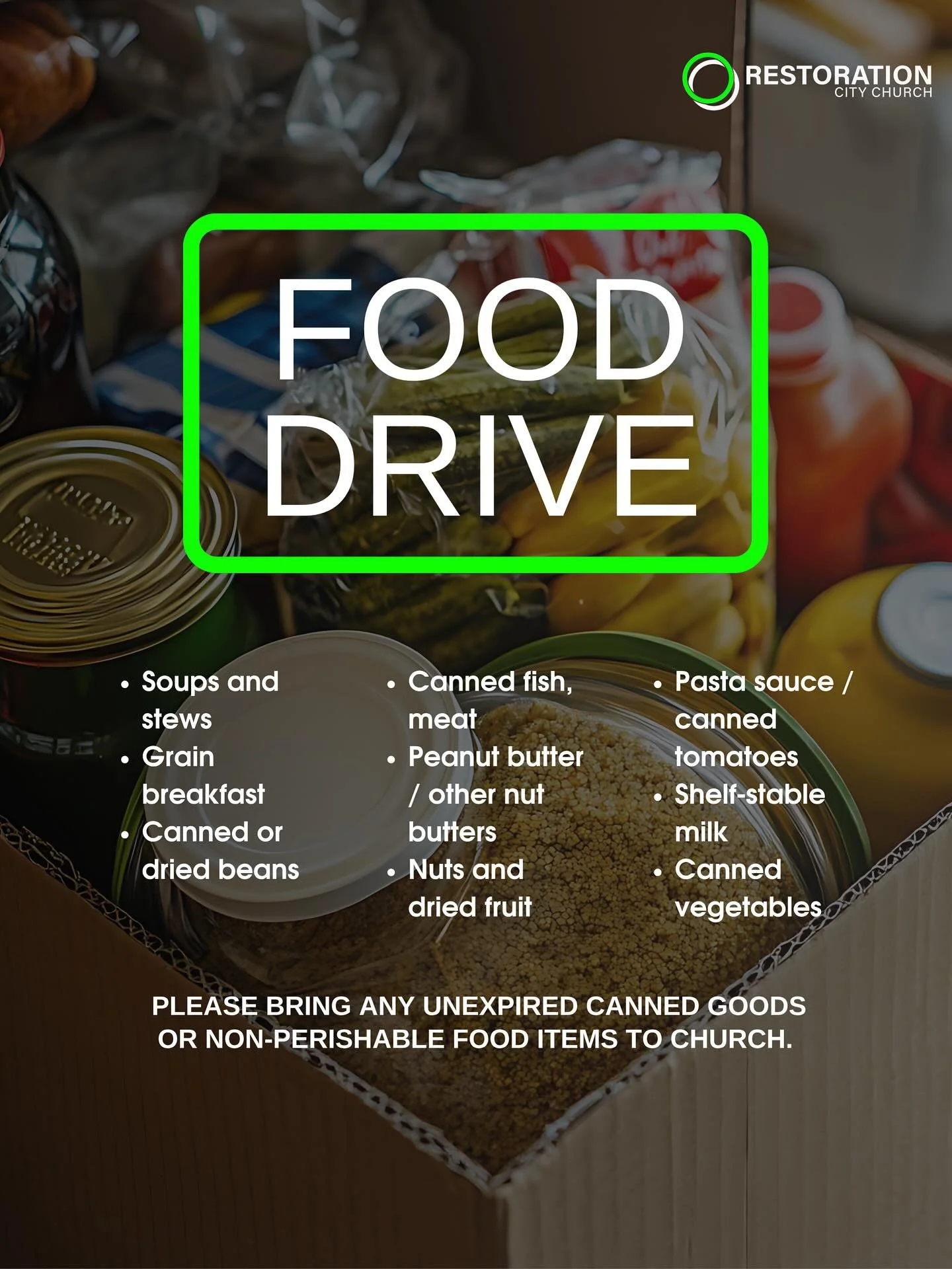 In light of families losing SNAP benefits due to the government shutdown, we want to be prepared to help those in need.

We&rsquo;re inviting everyone to bring non-perishable food items (rice, pasta, cereal, canned goods, etc.) to church. Together, w