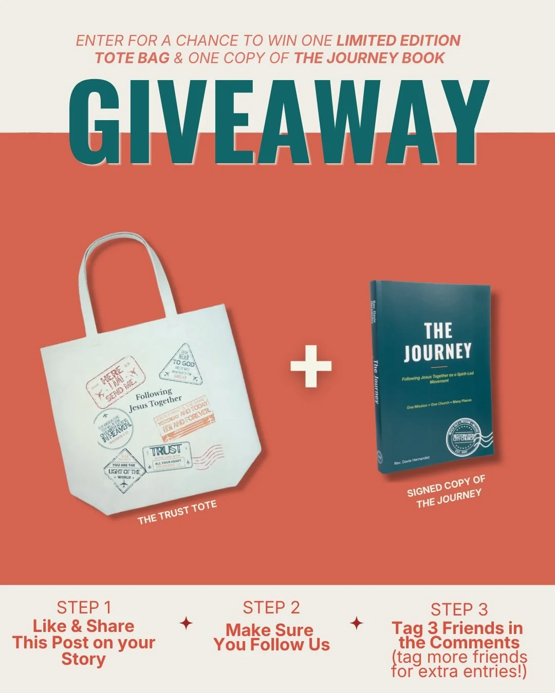 GIVEAWAY 🎉

We&rsquo;re giving away a Journey bundle &mdash; a trust tote bag + a signed copy of the book.
&nbsp;
To enter:
	1.	Follow us
	2.	Like this post
	3.	Tag 3 friends you&rsquo;re walking this out with

🏆 Winners announced Friday at noon

T