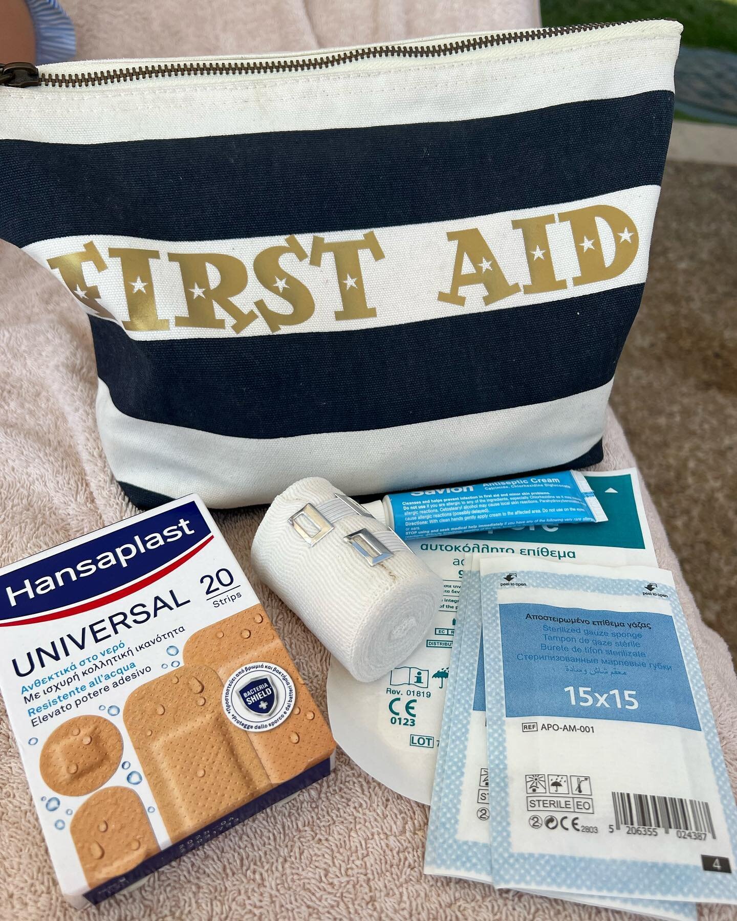 Glad I took our TS First Aid bag away with us on holiday. We needed it for 2x cut toes, one nasty mouth ulcer &amp; one headache. 
Do you take a first aid bag away with you on holiday too?
DM to order yours in either navy/cream stripes, pink/cream st