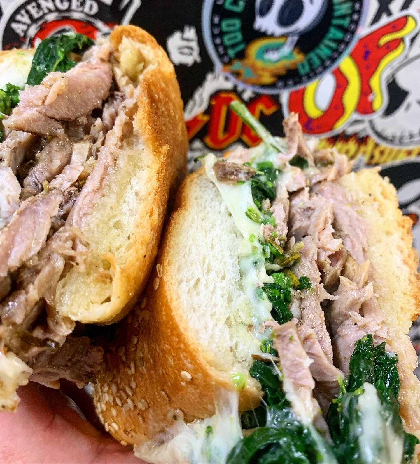 🐷Roast Pork Sandwich is back. 
-Brined, Tied and Roasted Pork Shoulder with Rosemary, Thyme, Lemon Zest, Crushed Red Pepper and Fennel Pollen
-Garlicky Broccoli Rabe
-Sharp Provolone
-Pork Jus

On Special til we run out. 😉