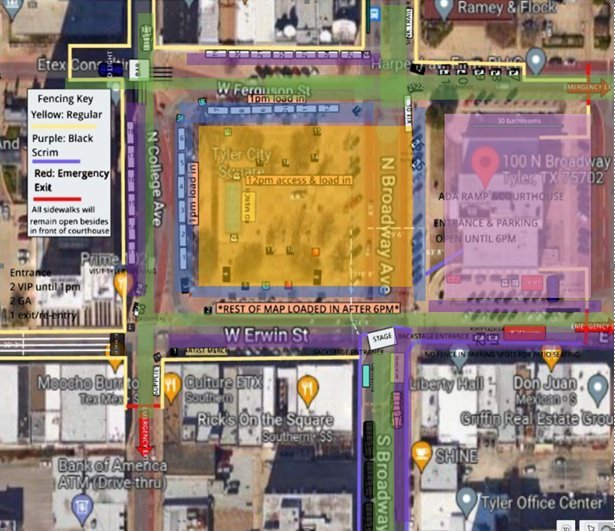 This Saturday, May 4th, is the Red Dirt BBQ &amp; Music Festival ! Please take note of these street closures surrounding the Downtown Tyler Square and Courthouse area. These closures begin on FRIDAY, MAY 3rd.
&bull;Yellow: Closure to start at 10 AM /