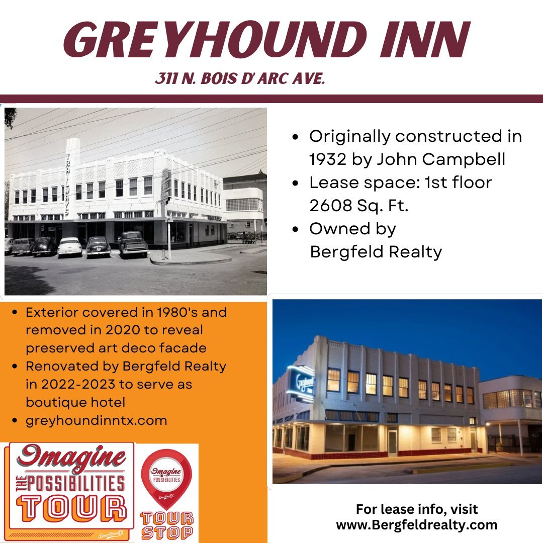 We hope you are getting excited about the Imagine the Possibilities Tour in Downtown Tyler, Texas coming up on May 11th. Leading up to the tour, we want to introduce you to our featured properties! 

The 2nd tour stop is the Greyhound Inn, owned by B