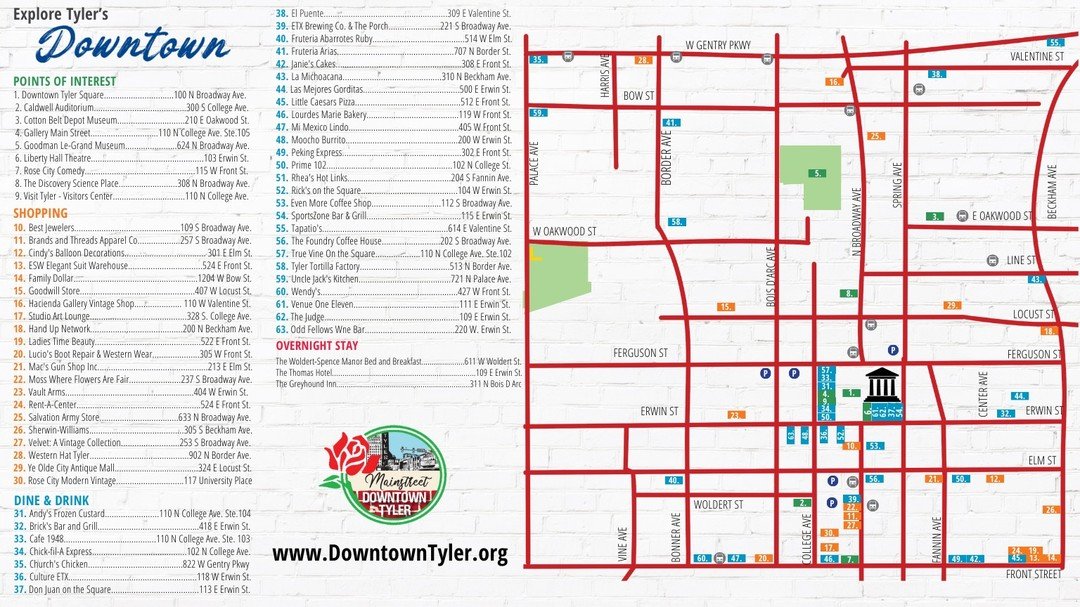 Visiting Downtown Tyler this weekend or soon? Check out all our local spots! #supportlocal #downtowntyler

Stop in our Visitors Center at 110 N. College Ave to say hi!

www.DowntownTyler.org

@visittyler @cityoftylertexas @reddirtbbqfest