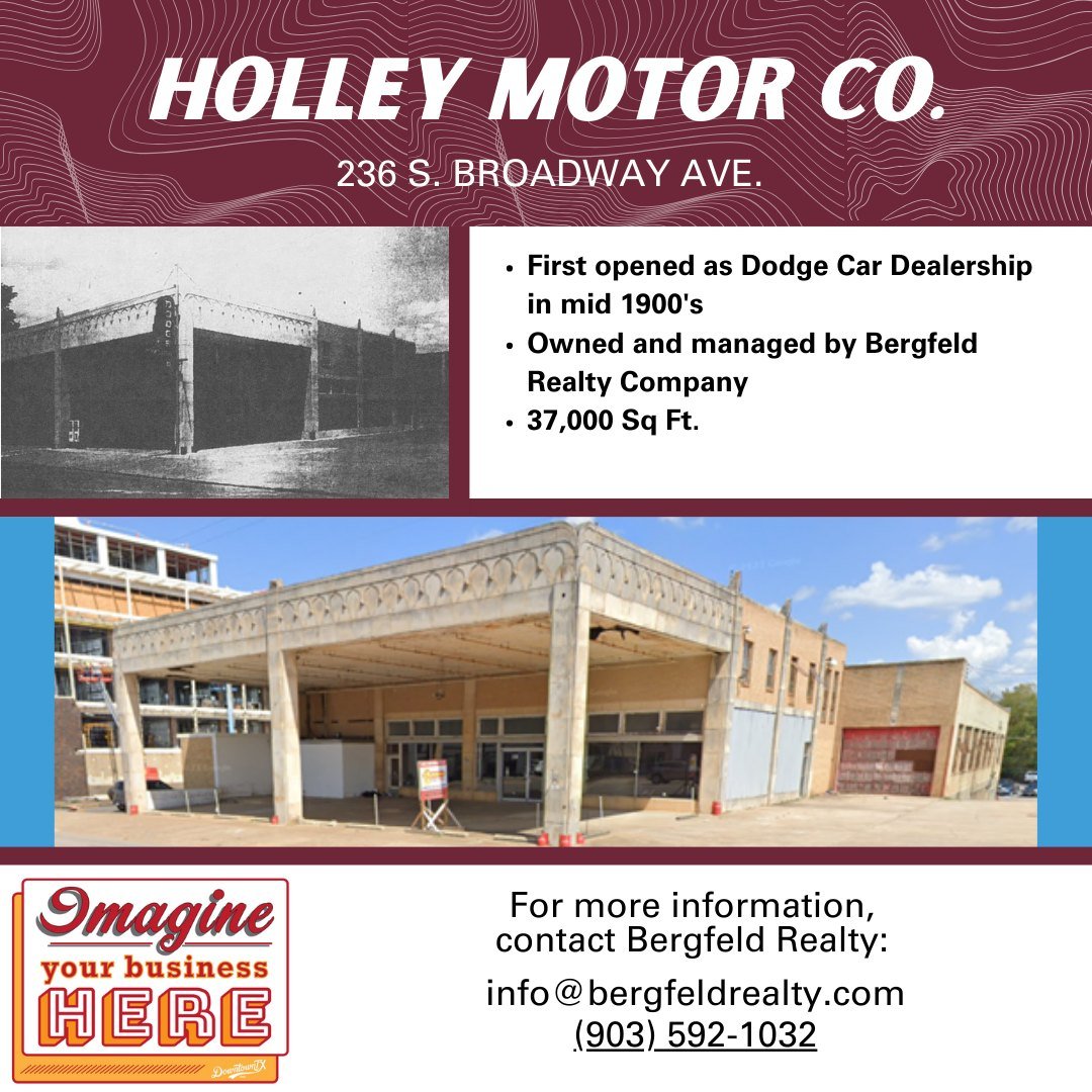 We hope you are getting excited about the Imagine the Possibilities Tour in Downtown Tyler, Texas coming up on May 11th. Leading up to the tour, we want to introduce you to our featured properties! 

The 3rd tour stop is Holley Motor Co., owned by @b
